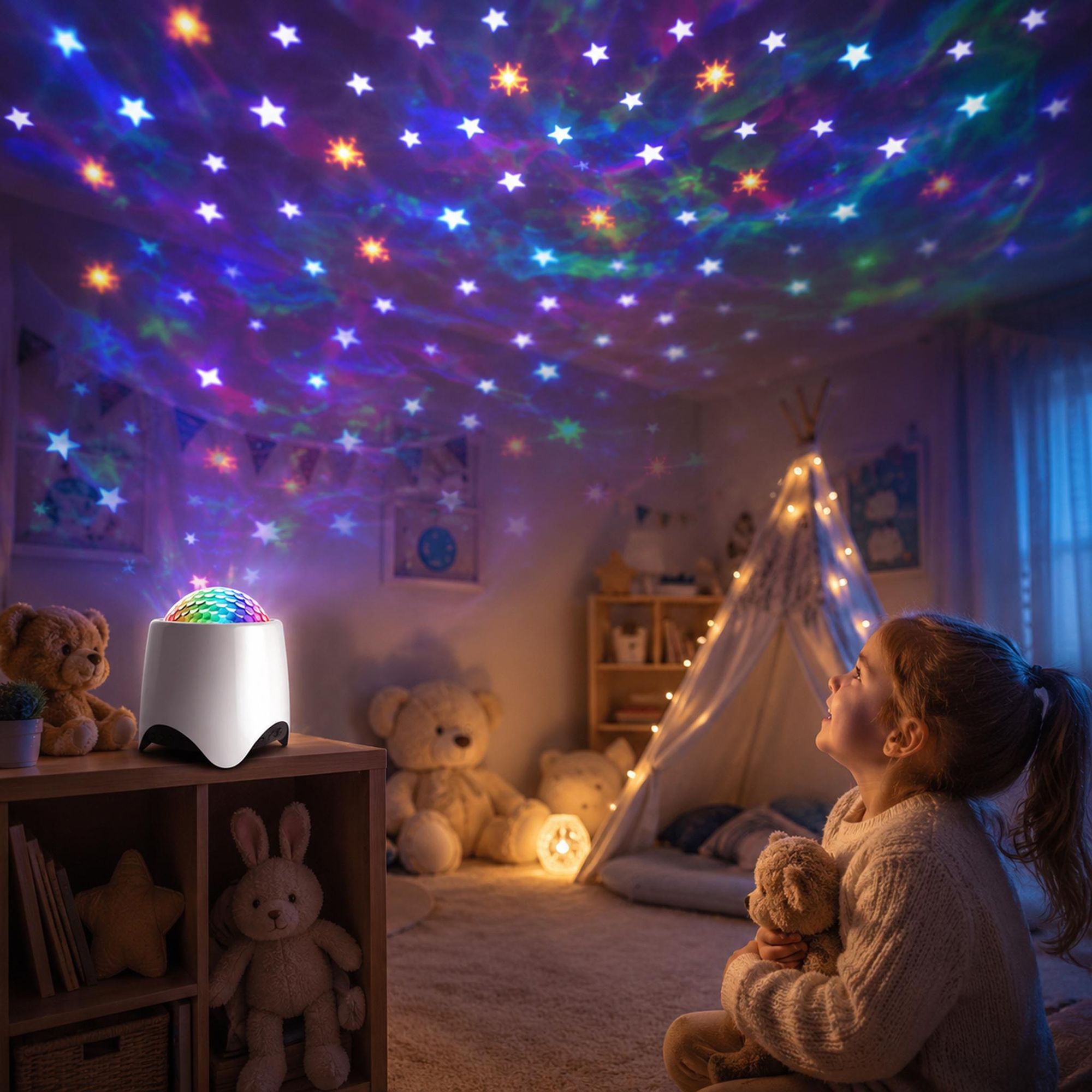 Sternenhimmel Projektor, 3in1 Musik Projektor Nachtlicht mit Bluetooth Lautsprecher & White Noise,56 Dynamische Farb,Baby Kinder Erwachsene Party Deko