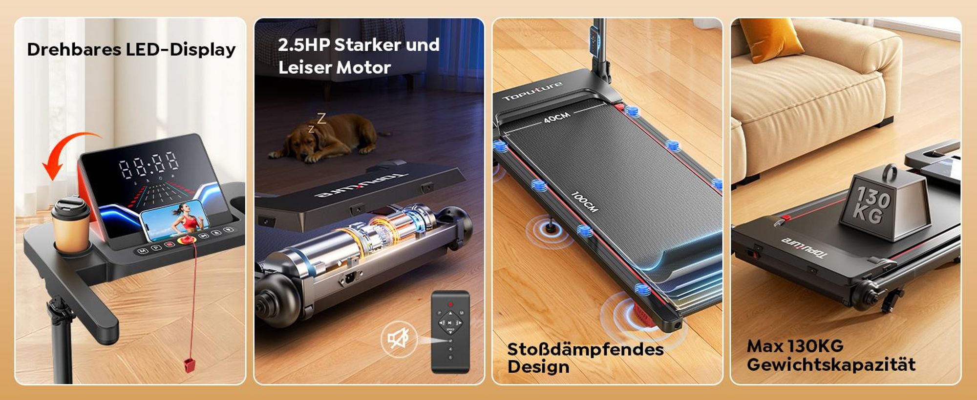 Laufband für Zuhause 12km/h, 6 IN 1 Elektrisches Laufband mit 10% Steigung, 1080MM Einziehbares Steigrohr, 360° Tablet Holder, Controllo App, TP7