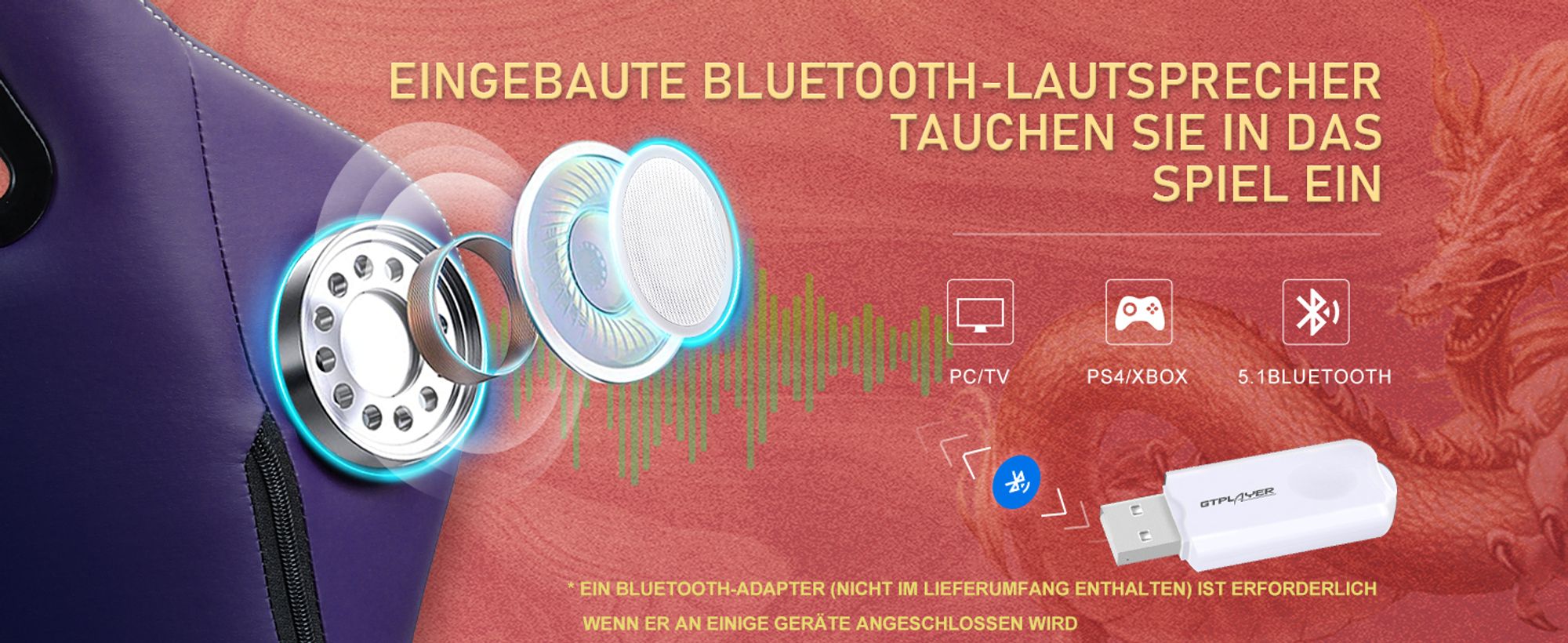 GTPLAYER Gaming Stuhl Gamer Stuhl mit Bluetooth-Lautsprechern und Fußstütze, Dragon Series Bürostuhl, Ergonomischer Drehsessel, Computerstuhl Violett