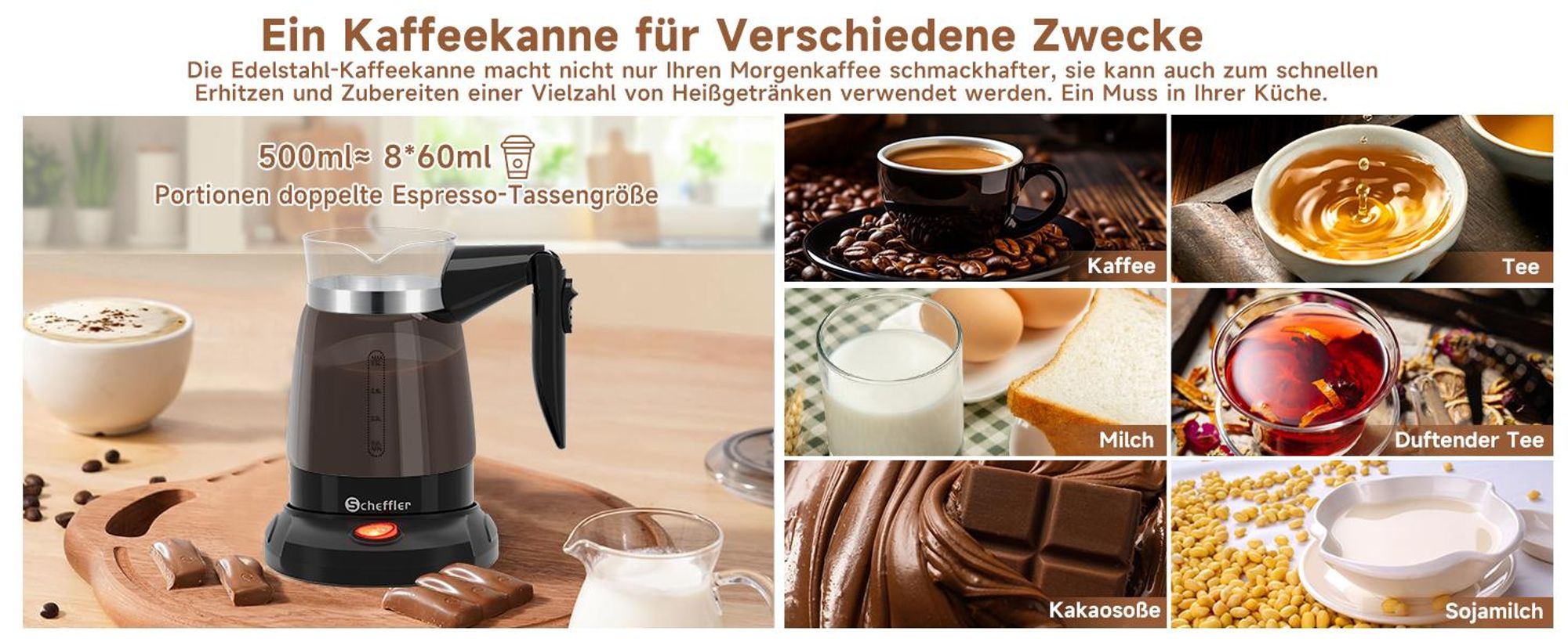 SCHEFFLER Türkische Kaffeemaschine Elektrischer 500ml Glas Kaffeekocher Mokka Kaffeekanne Espressokocher Mit Überhitzungsschutz 304 Edelstahl