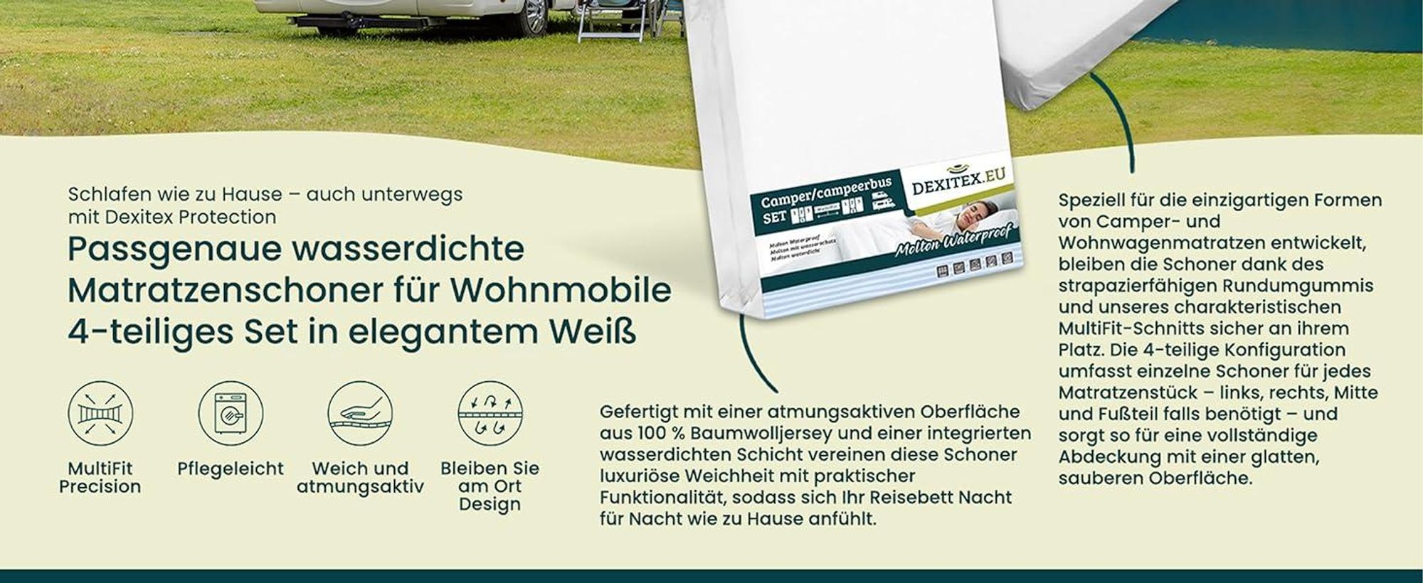 Dexitex Matratzenschoner mit Wasserschutz – 4 Teilig (4er Set) – MultiFit® für Wohnmobil – PVC-Unterlage mit Baumwolle – Weiß
