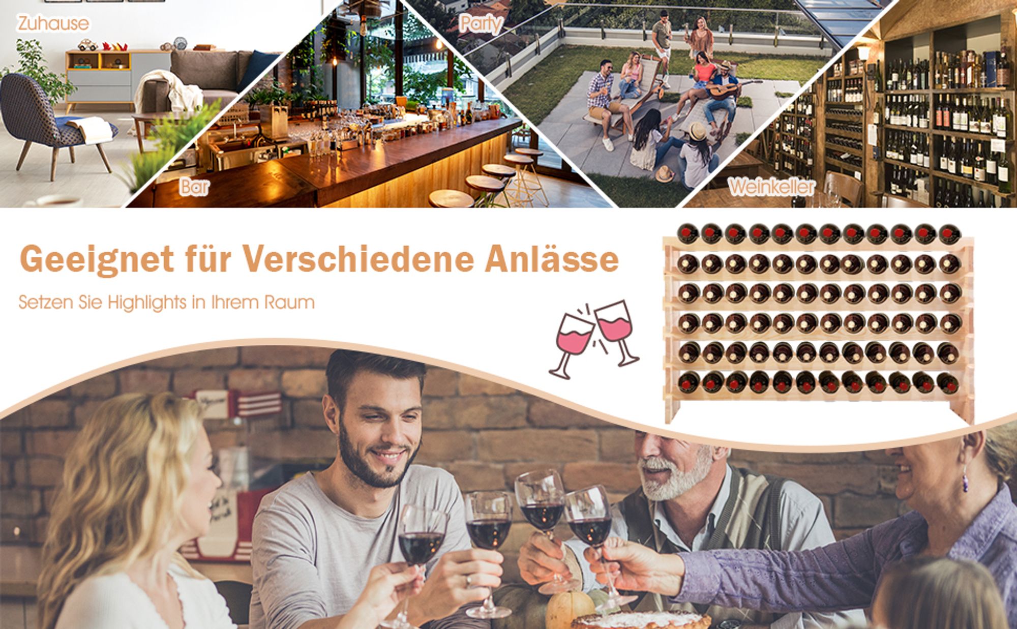 Weinregal für 72 Flaschen, Flaschenregal stapelbar aus Kiefernholz, Weinständer 119x29x71,5 cm