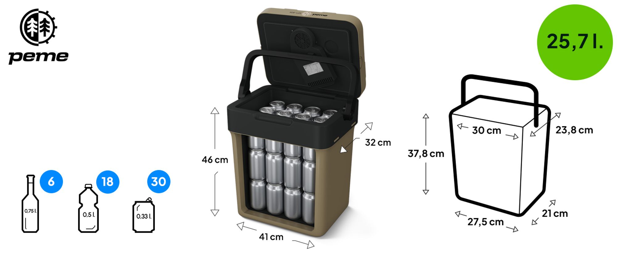 PEME Essential 26L Elektrische Kühlbox mit Strom Auto und Steckdose Thermoelektrisch Kühltasche Camping Mini Kühlschrank Jagd Outdoor Sand Leise 26dB