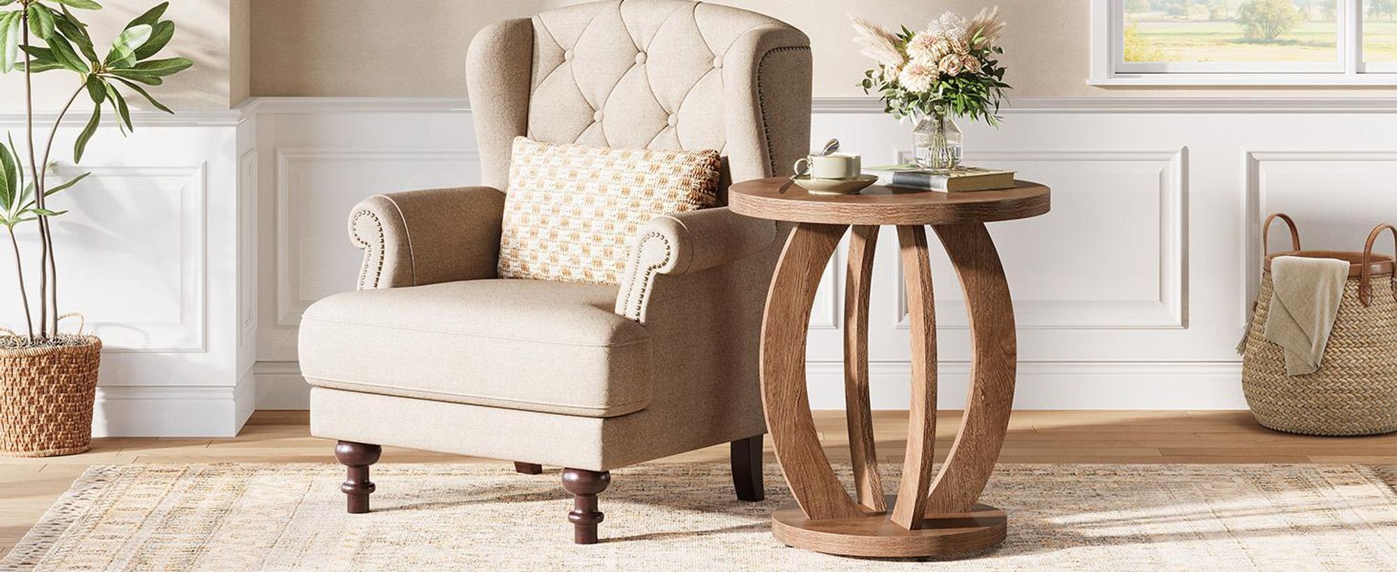 Tribesigns Table d'appoint, table d'appoint ronde avec espace de rangement, 50 cm de style rustique avec plateau de table rond, table d'appoint en bois, brun rustique