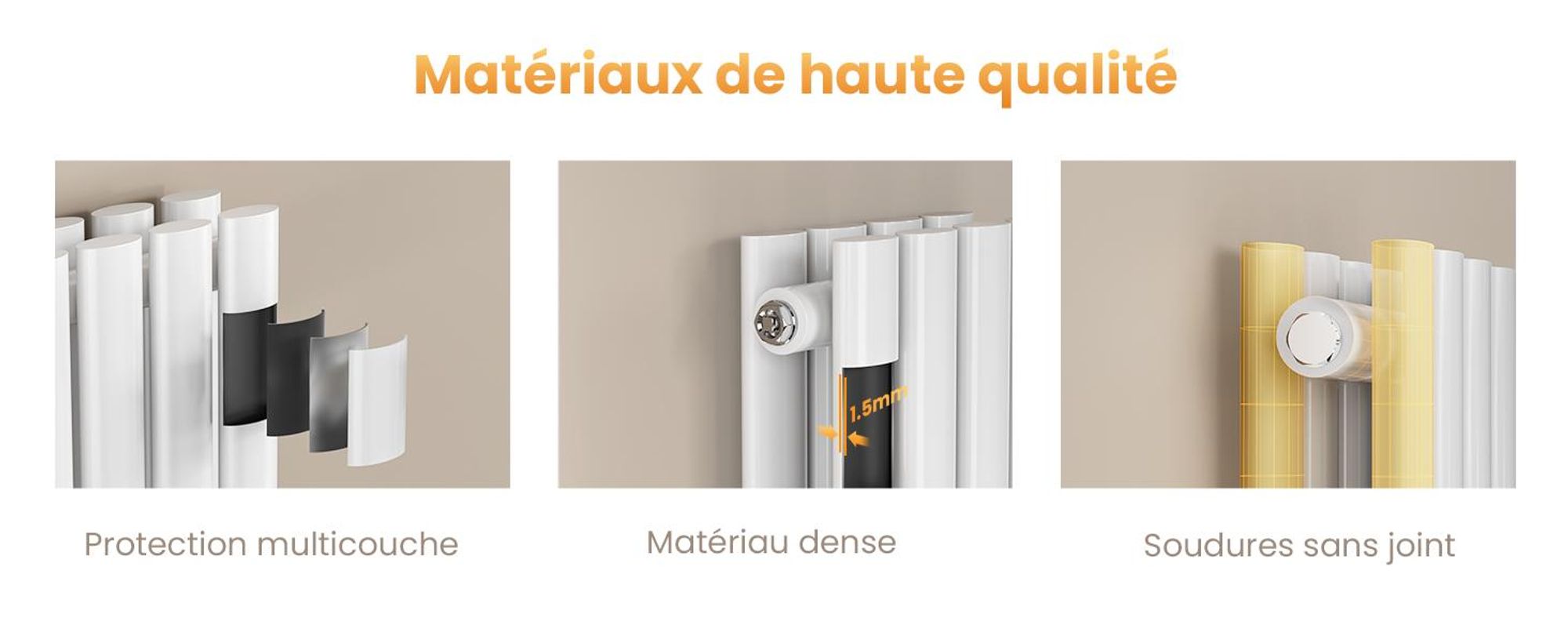EMKE Radiateur tubulaire design pour eau chaude Raccord central Vertical Ovale double couche 623 Watt 24cm x 160cm Blanc sans thermoplongeur