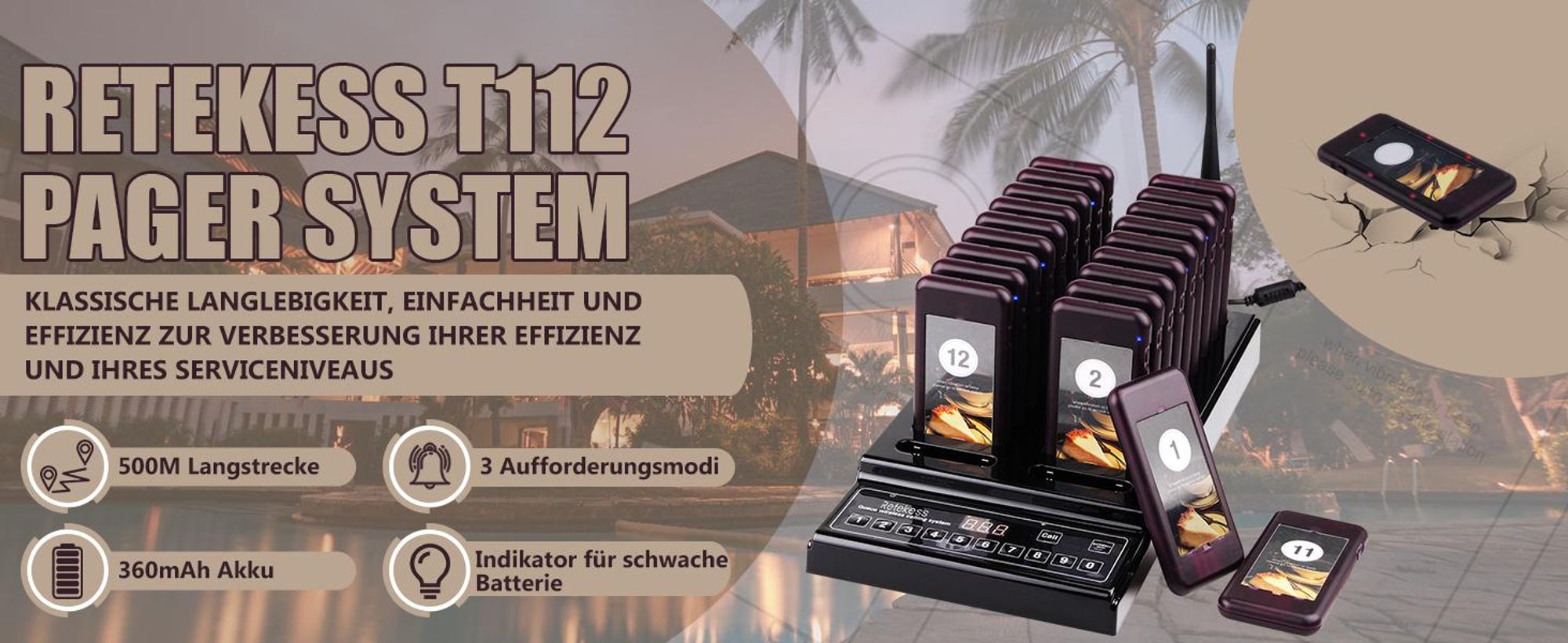 Retekess T112 Pager System, Restaurant Pager, 20 Pager 999 Kanale mit Aufladen Rrufende Tastatur Geeignet für Restaurants Bars Cafés