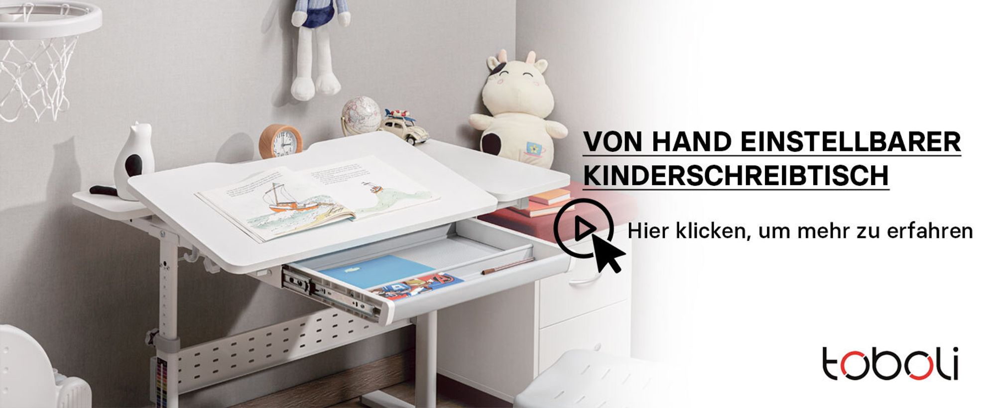 Toboli Kinderschreibtisch verstellbar 100 x 60 cm, mitwachsender Schreibtisch für Kinder neigungs-/höhenverstellbar mit Schublade