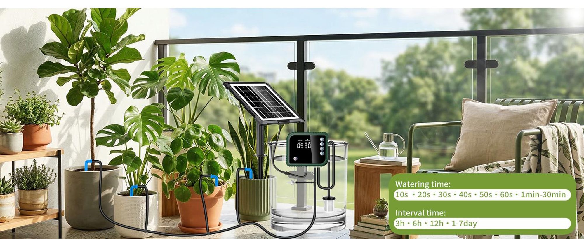 Speed Automatisches Solar-Tropfbewaesserungsset mit Steuergerät, Solar Bewässerungssystem fuer Garten, Balkon,mit Timer und 15 Tropfer -15m Schlauch