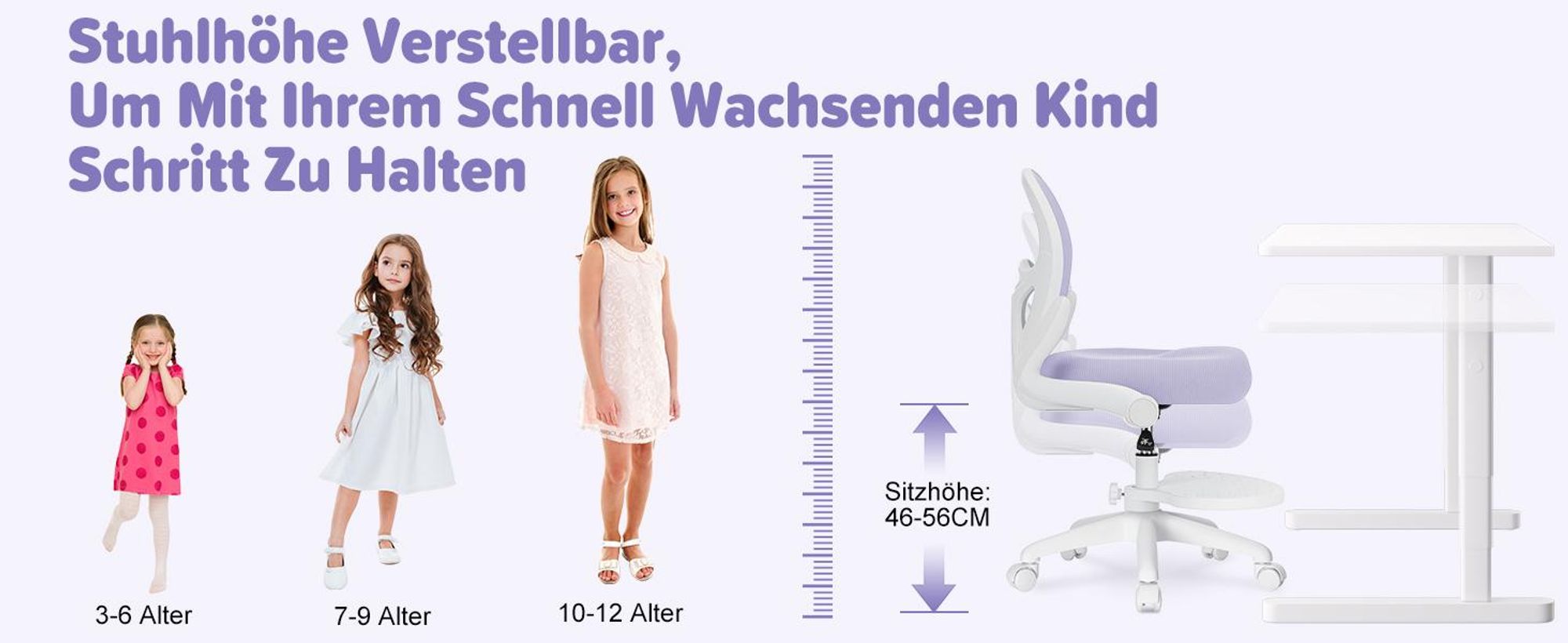 HOFFREE | Kinder Schreibtischstuhl Ergonomischer Kinderdrehstuhl | Fußablage | Höhenverstellbar | klappbaren Armlehnen | Lila