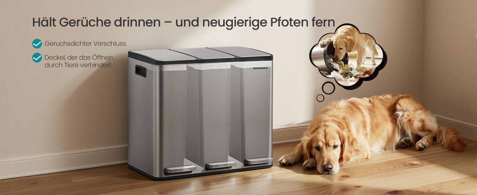 Abfalleimer 3 Fächer, Mülleimer 3 x 18 L, Tretmülleimer Softclose-Deckel, Küche, herausnehmbare Inneneimer, silbern