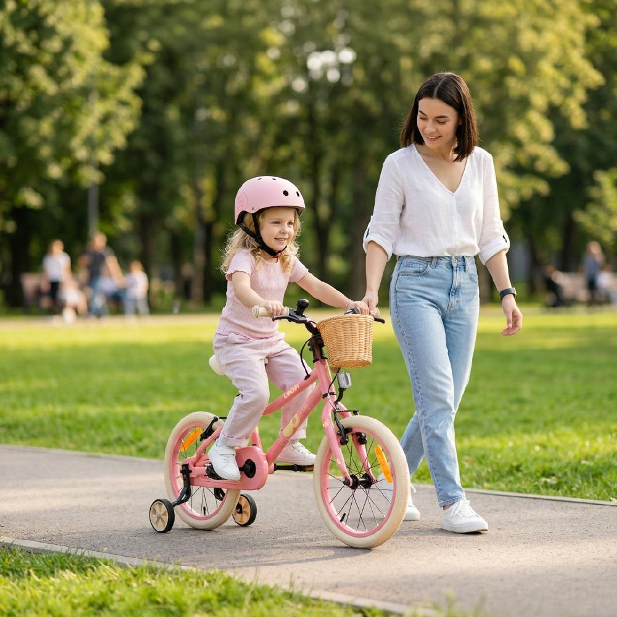 SUN BABY LOOFI Kinderfahrrad 14 Zoll, leichtes Aluminium Fahrrad 6,6 kg für Kinder ab 3 Jahre, mit Stützrädern, Korb, Klingel, Mädchen