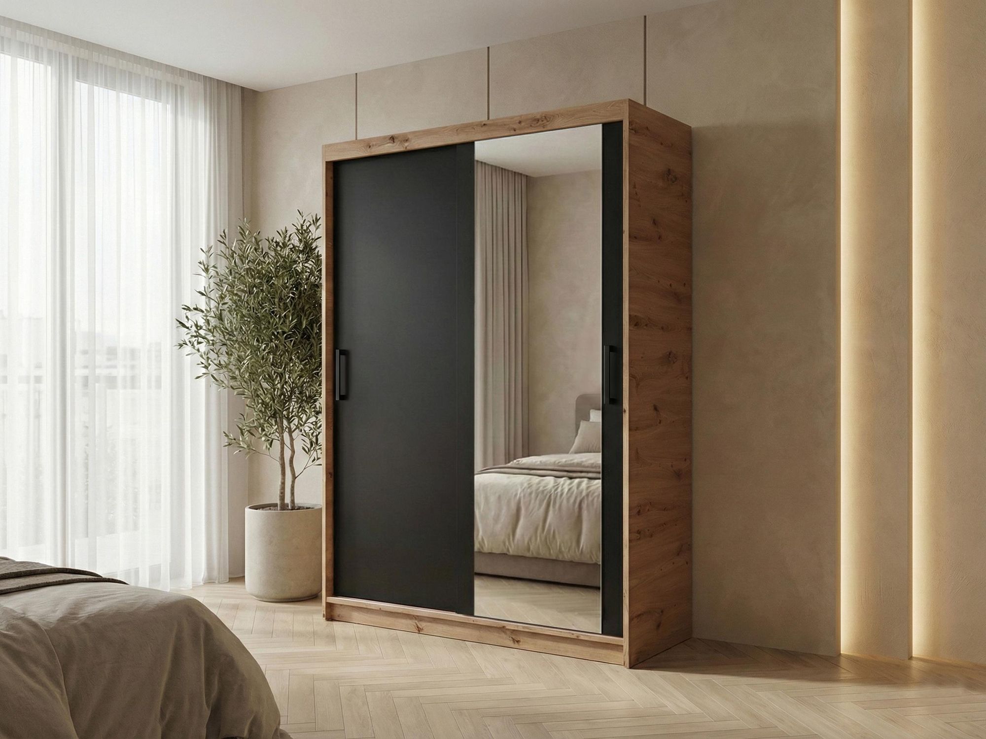 BEAUTYSOFA | Schwebetürenschrank HELA 120 cm Eiche Artisan + Schwarz – 2-türig Moderner Kleiderschrank mit Spiegel und Schiebetüren