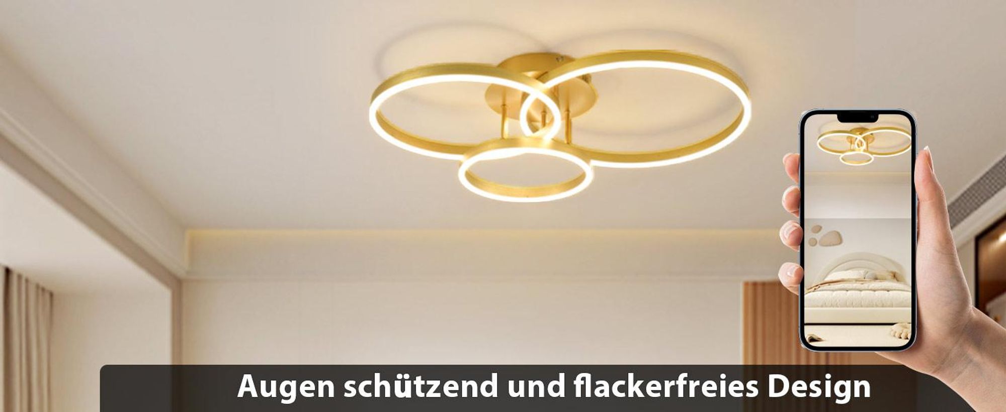 Lampa sufitowa LED ZMH z regulacją jasności, 82 cm, złota, do sypialni, z pilotem, o mocy 74 W, z 3 pierścieniami, do sypialni i kuchni