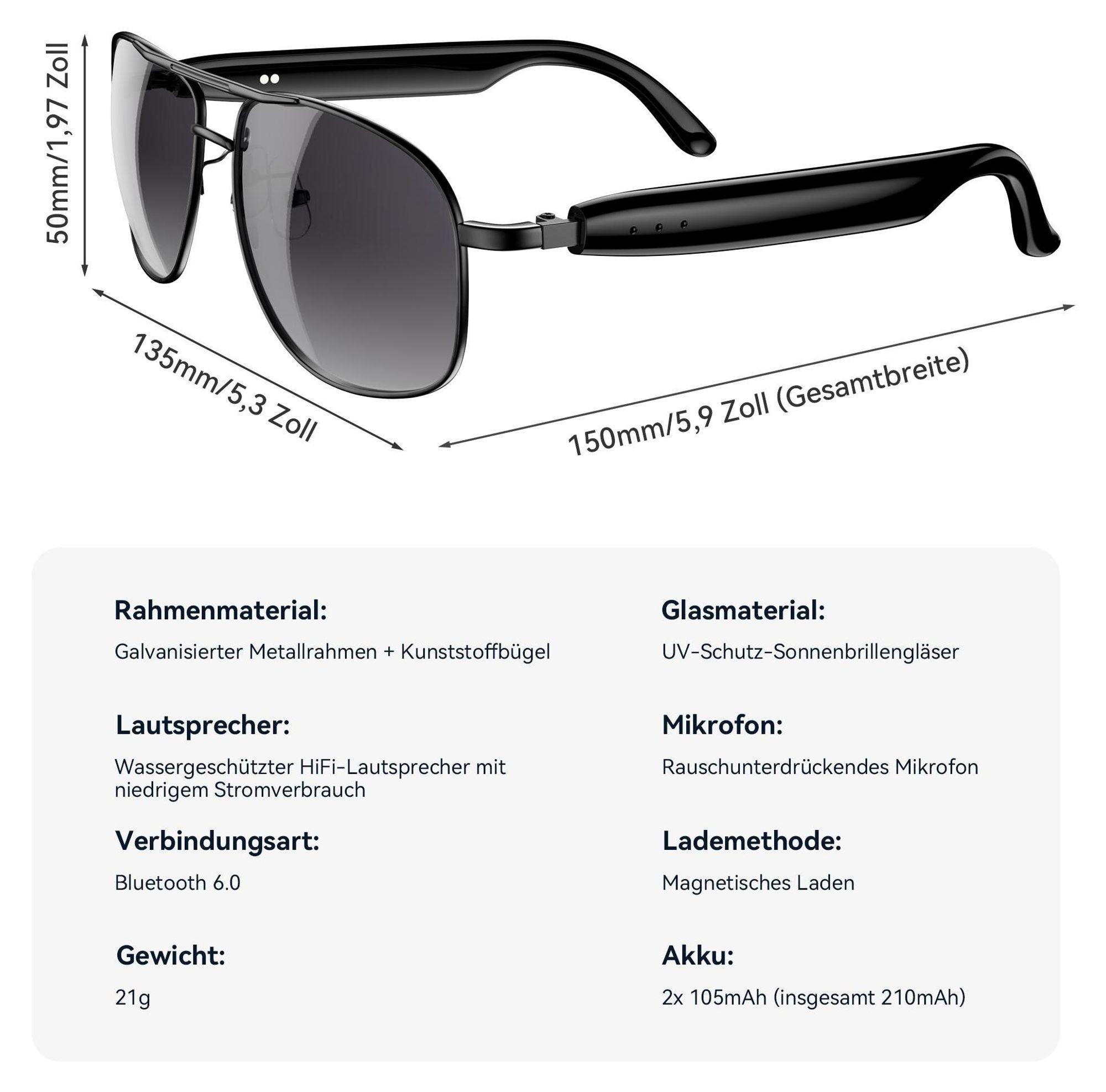 Blackview D1 Pro Smartbrille Bluetooth 6.0, 360° Raumklang, KI-Sprachsteuerung, IP54 Wasserfest, 6 Std. Musik, Leichte Metallbrille mit UV-Schutz