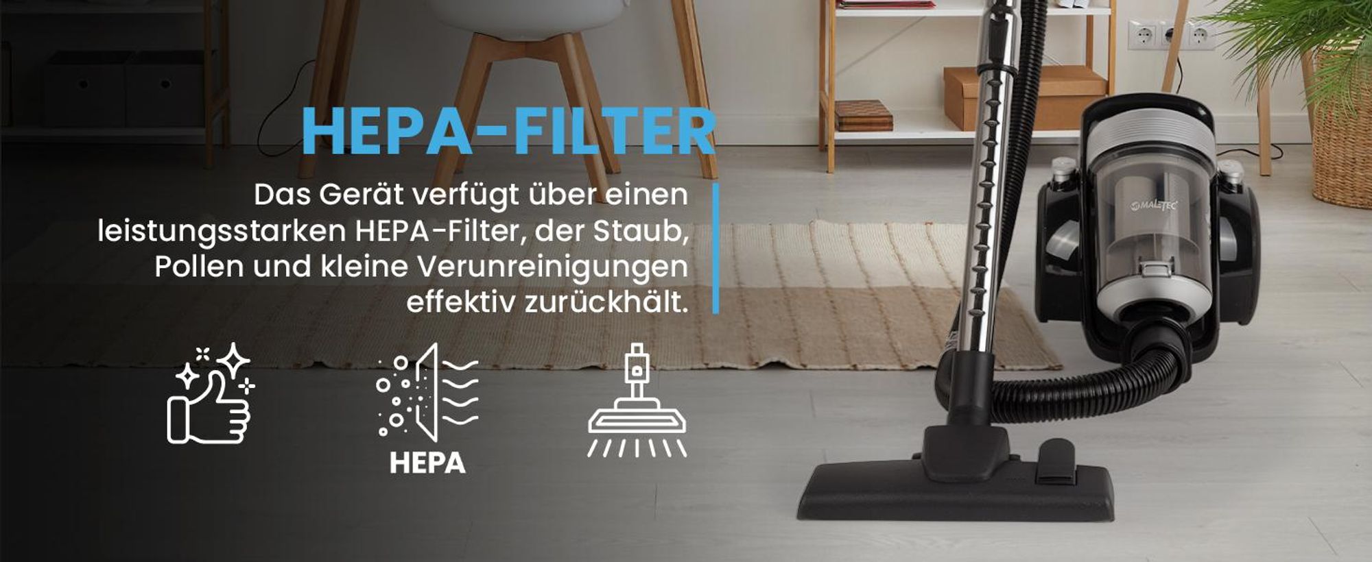 Staubsauger Zyklonsauger mit HEPA-Filtern und Set von Aufsätzen