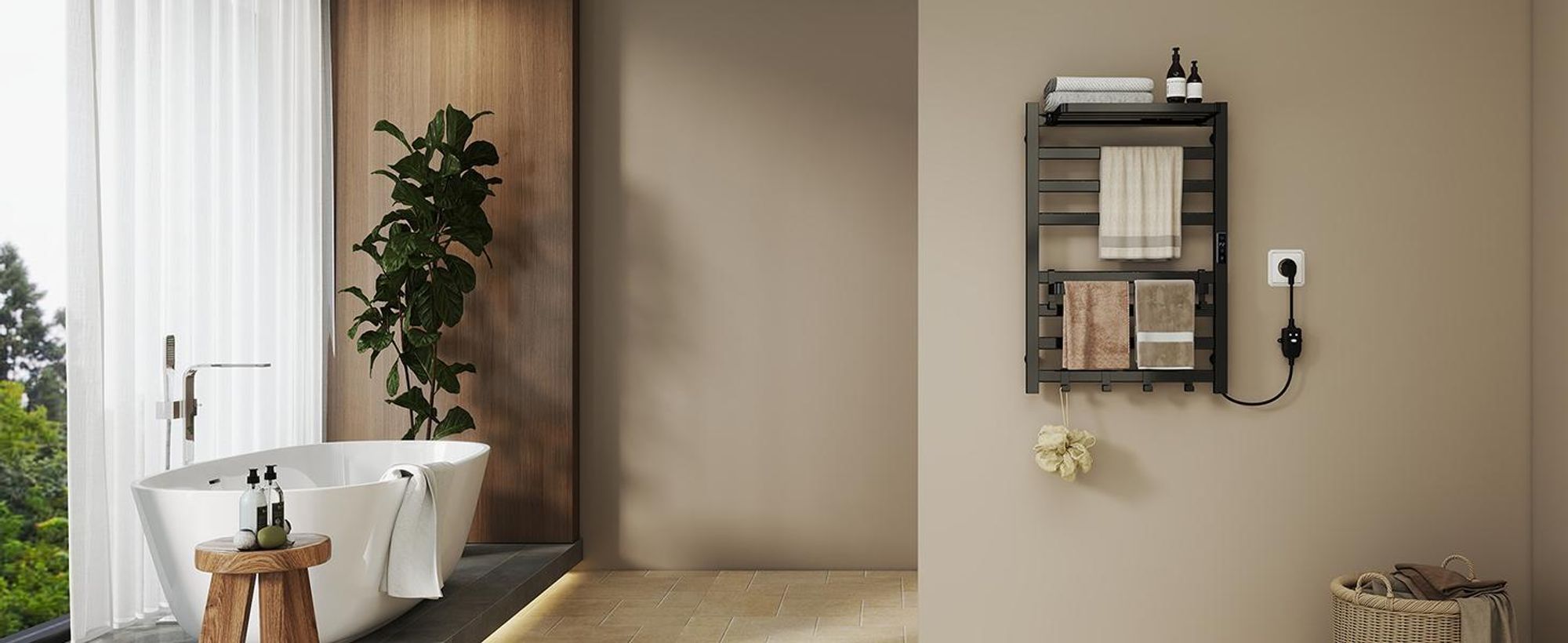 Puluomis Heizkörper Elektrischer Handtuchwärmer mit LED-Touchdisplay, 45-70°C einstellbar, Timer, 90° drehbares Ablagefach, RCCB Schutz schwarz