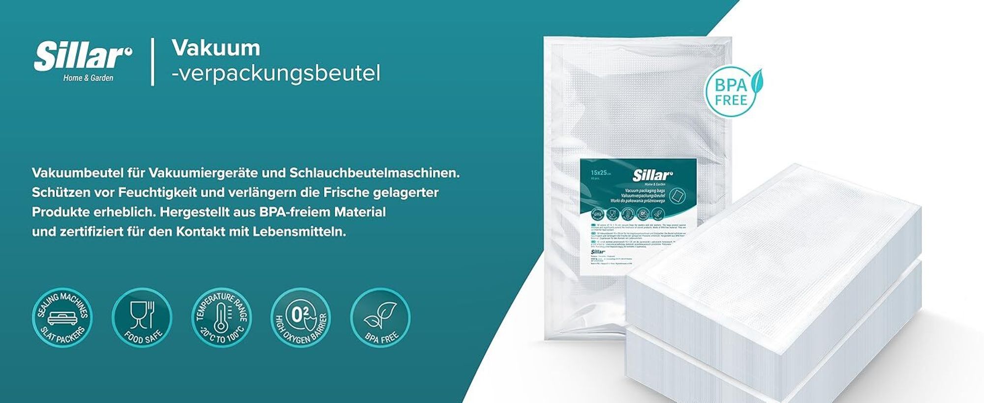 Sillar Vakuumbeutel 100er Set 20x25 cm – Kochfest, Sous Vide & Gefrierbeutel, BPA-frei