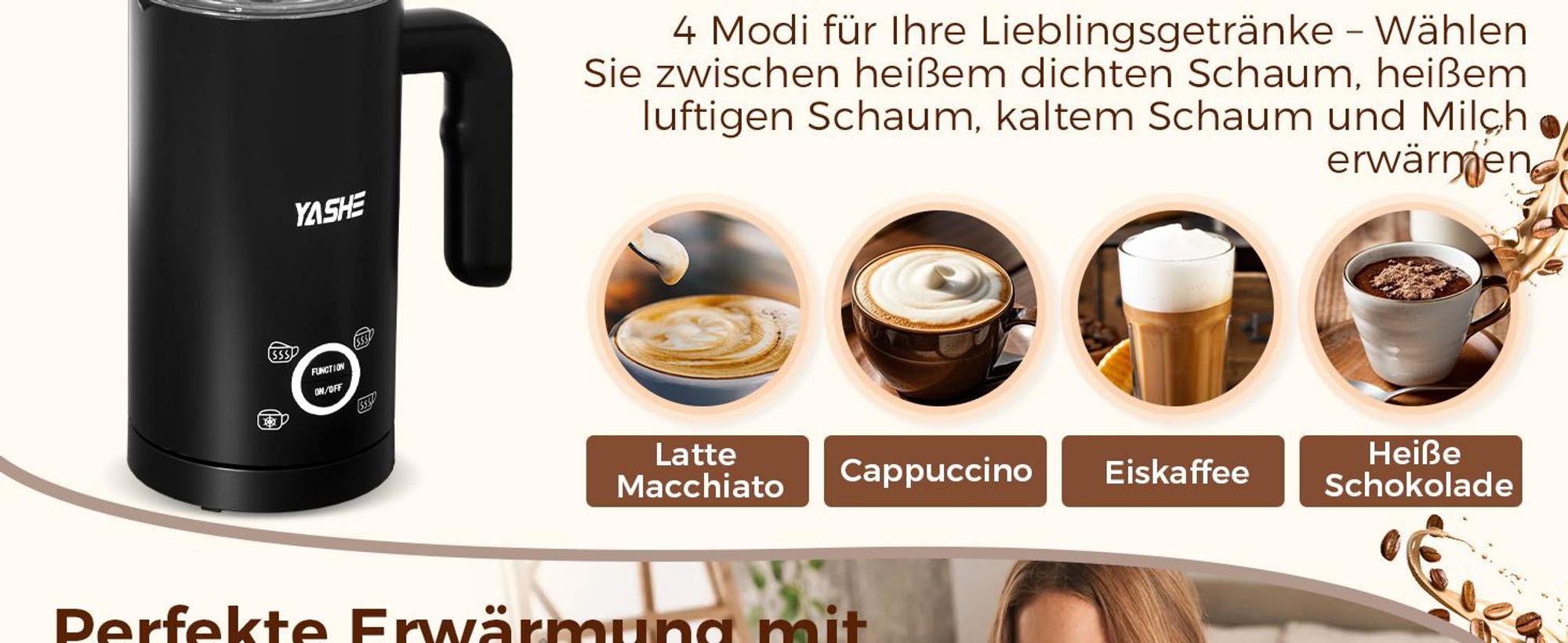 YASHE 4-IN-1 Edelstahl Milchaufschäumer, 10oz/300ml Milchschäumer für Perfekte L