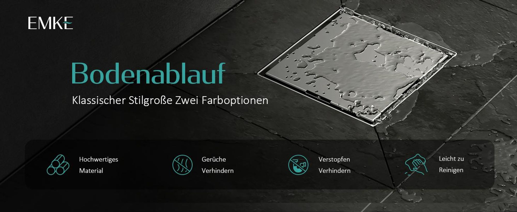 EMKE Bodenablauf Edelstahl Eck 152 x 152mm Ablaufgarnitur mit Siphon Geruchsstop und Haarsieb, Duschablauf Abfluss Ablaufloch set