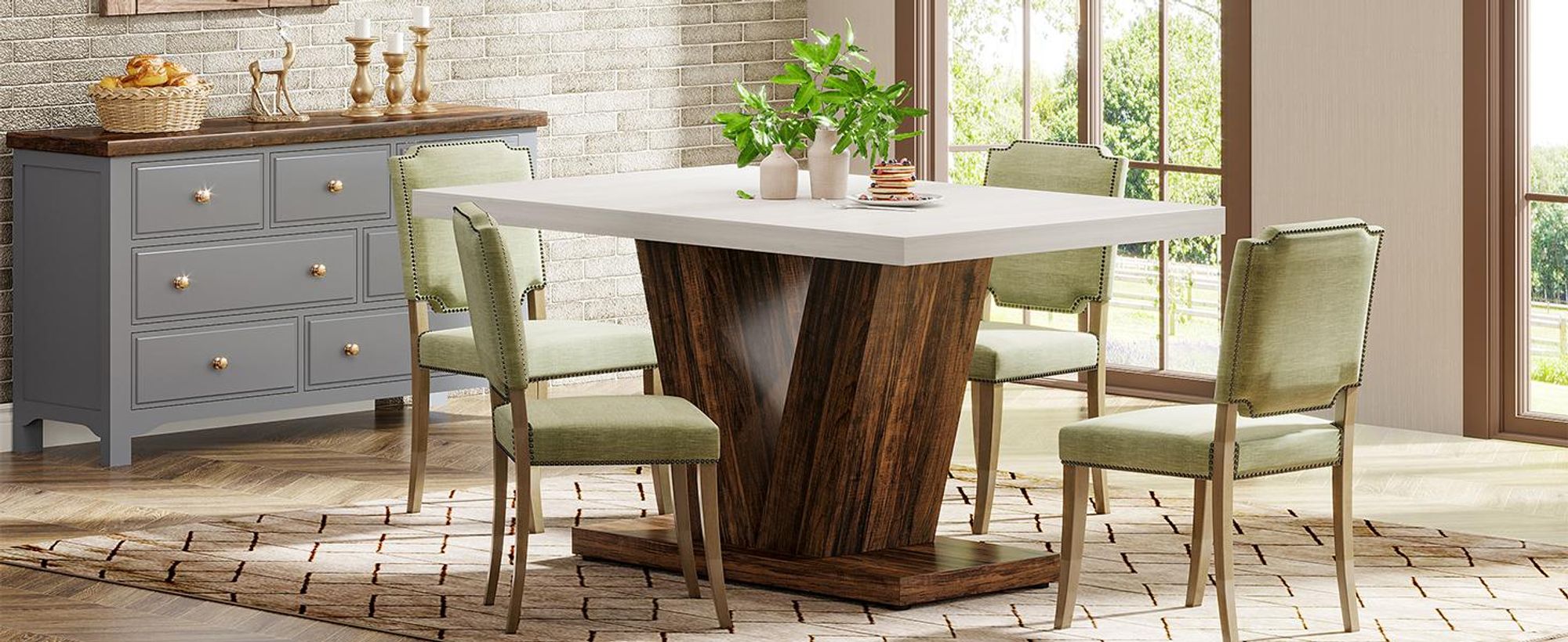 Tribesigns Esstisch für 4 Personen, weißer Küchen-Esstisch mit robustem Sockel, Bauernhaus-Esstisch aus Holz für Zuhause, Esszimmer, kleiner Raum