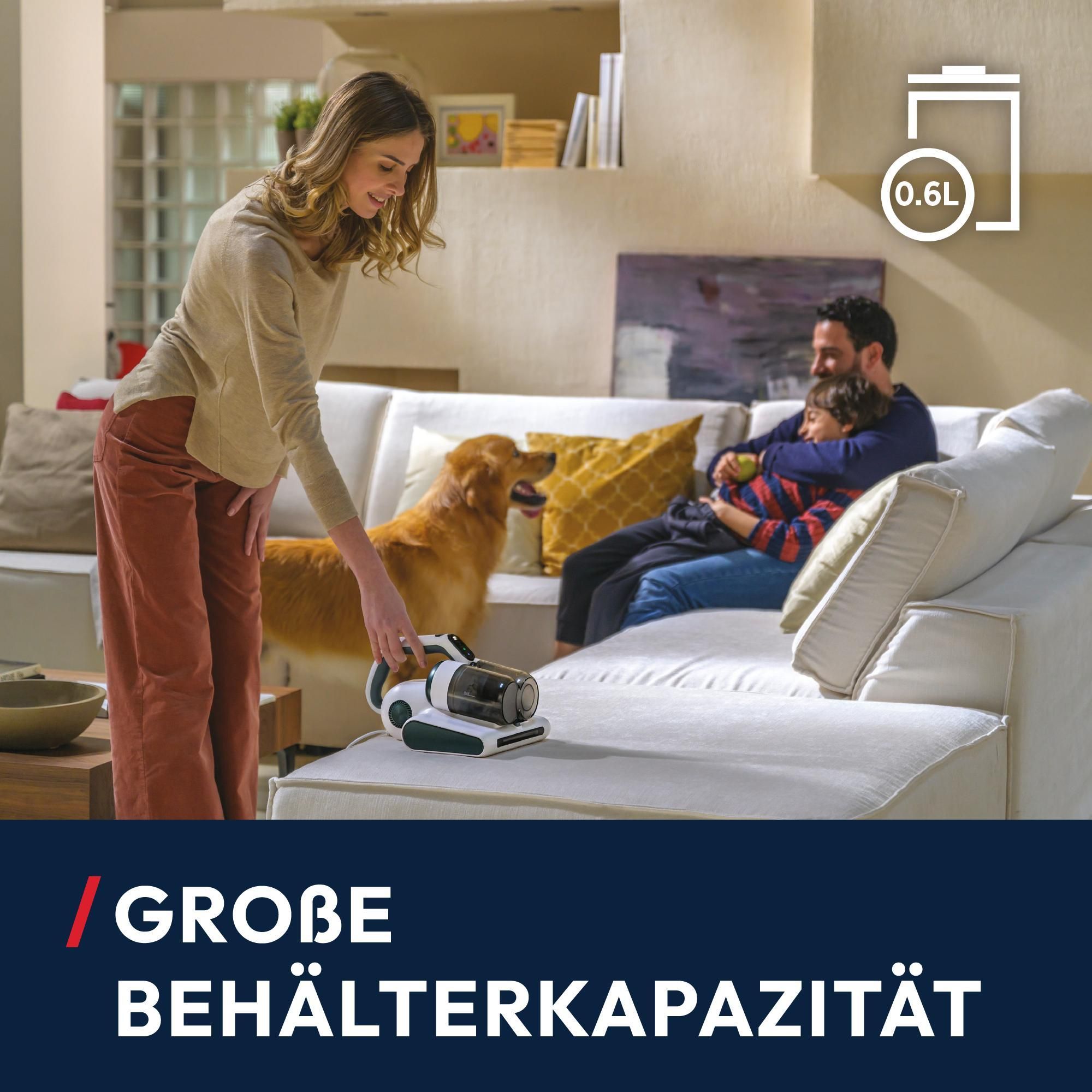 Milbensauger in Anwendung auf dem Sofa