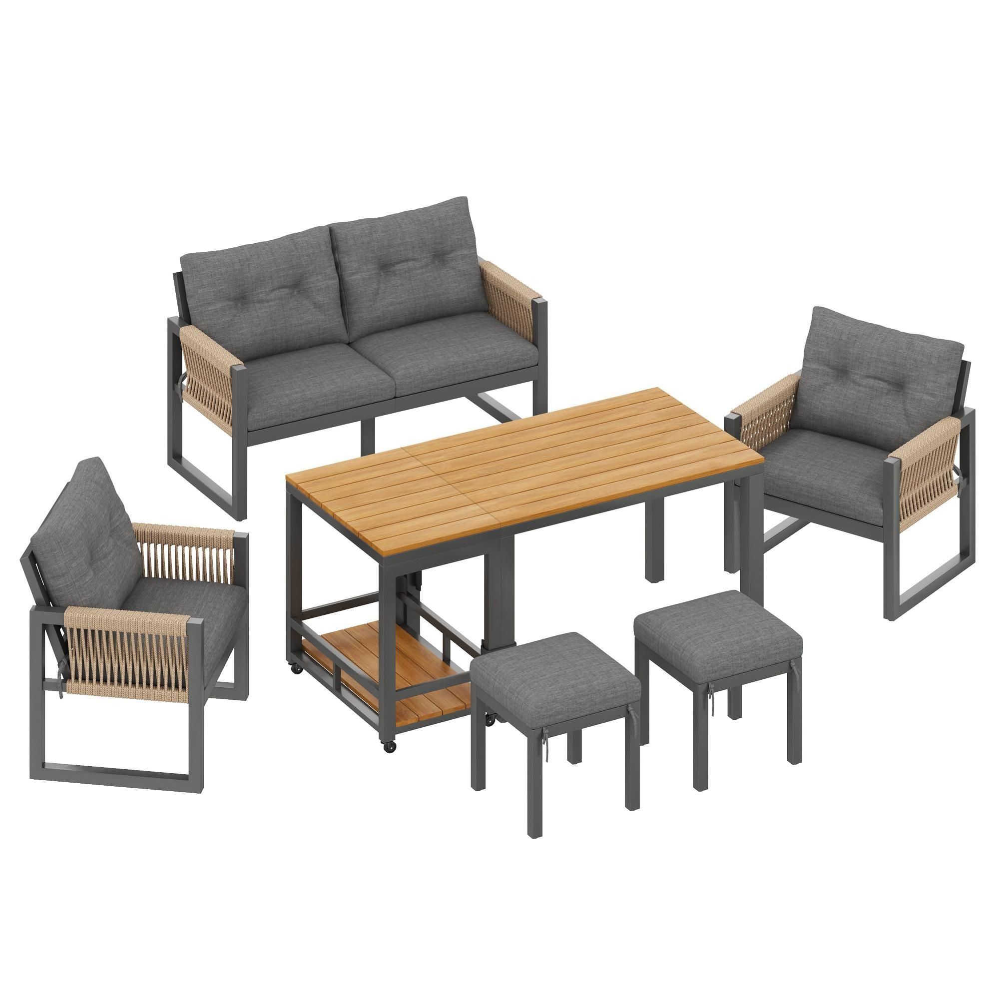 Flieks Gartenmöbel-Sets 6-tlg., Gartenmöbelset mit abnehmbarem Couchtisch, Gartensofa mit Stuhl & Hocker, Balkonmöbelset 6 Personen Seil, Grau