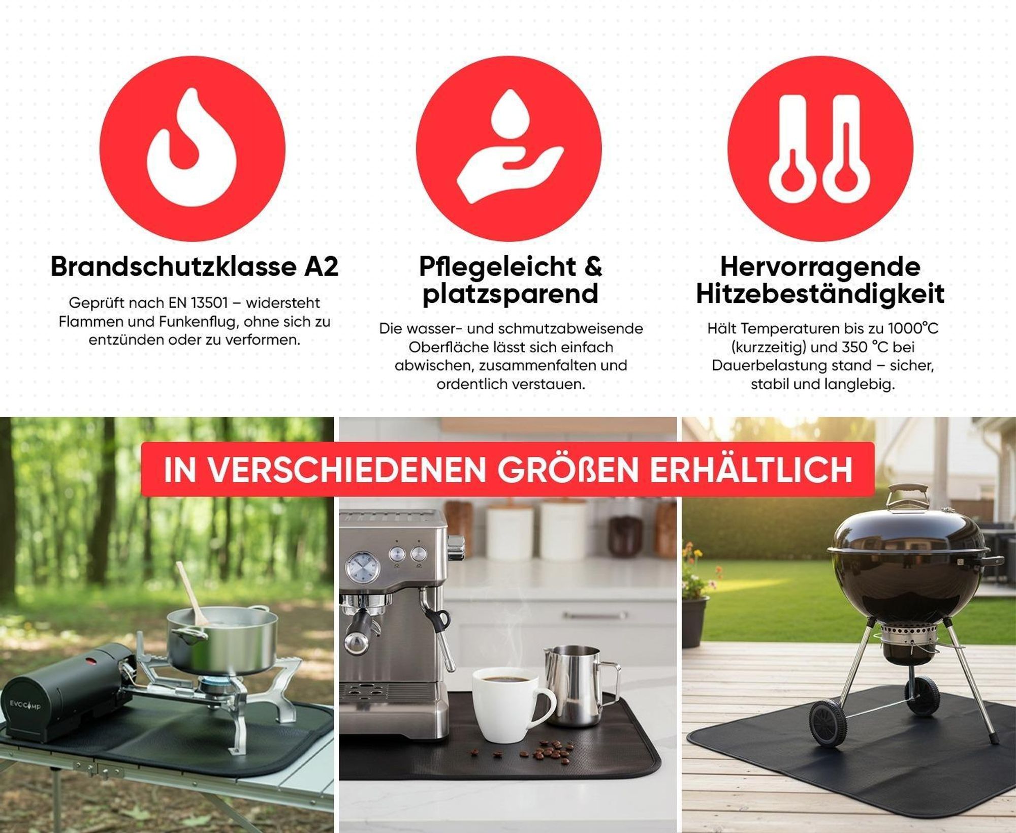 EVOCAMP Brandschutzmatte 30x30 cm, Feuerfeste Unterlage aus Glasfasergewebe, hitzebeständig bis 1000 °C, wasserabweisend und pflegeleicht