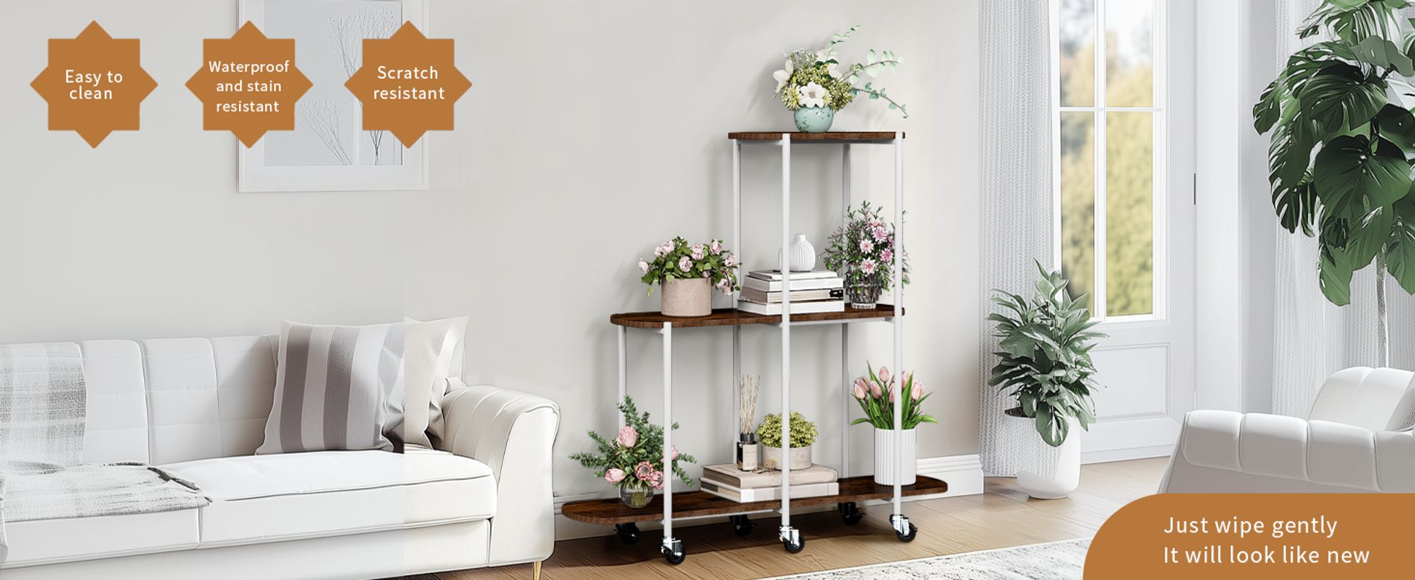 WISFOR Pflanzenregal rollbar, Blumenregal Blumenständer auf Rollen, Mehrstöckig Pflanzenständer Pflanzentreppe für Balkon Garten Terrasse,110x30x107cm
