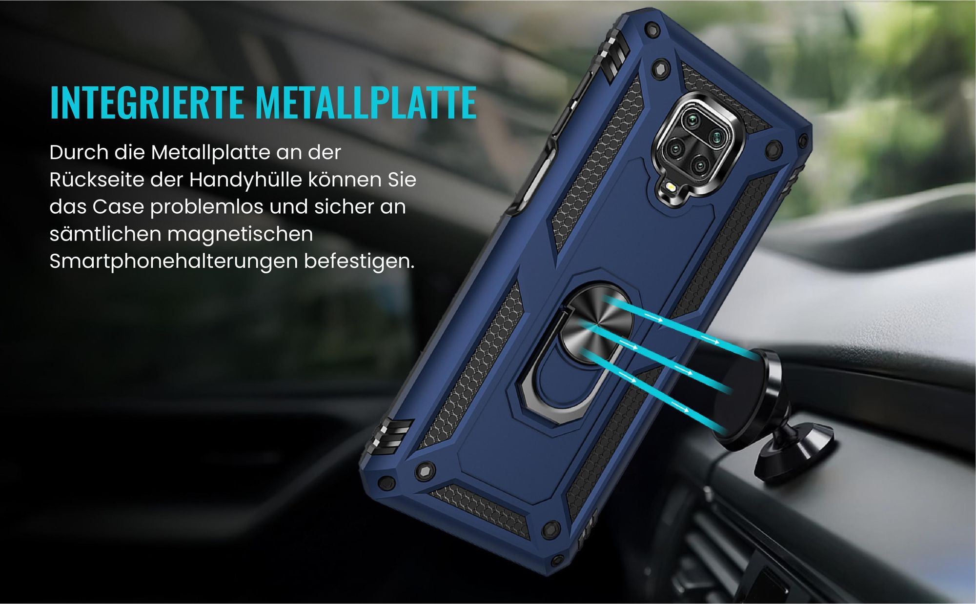 Bumper für Xiaomi Redmi Note 9 Pro in Blau mit Metallplatte