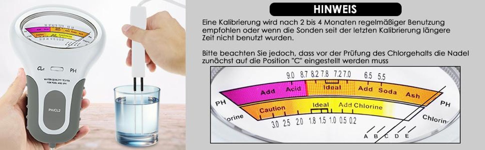 Wasserqualitätstester, Wasser Tester, 2-in-1-Chlor- und pH-Messgerät, Digitales elektronisches Poolwasser-Messgerät,  für Schwimmbad Spa Trinkwasser