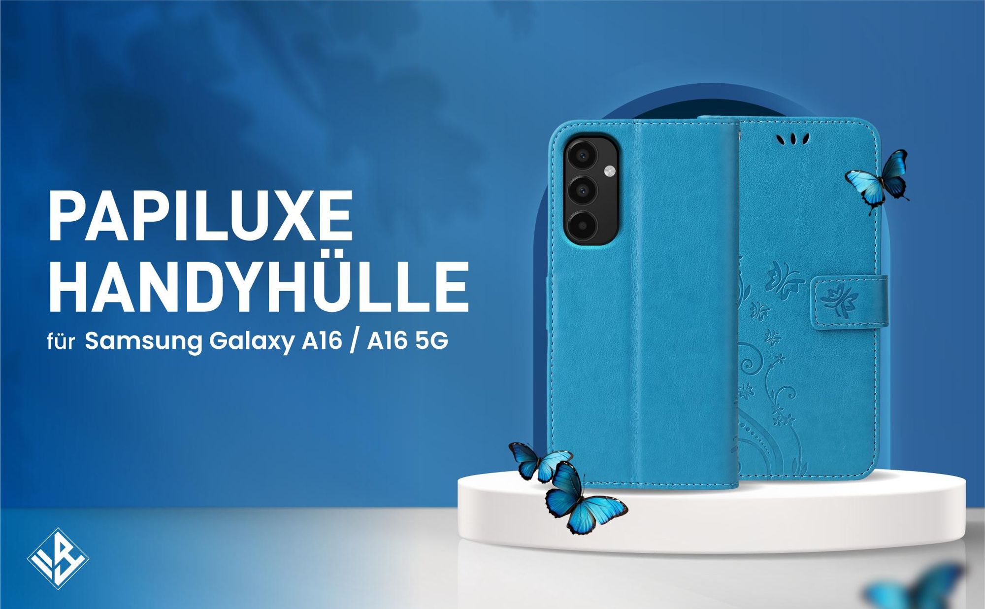 Blaue Klapphülle im Schmetterling Design für Samsung Galaxy A16 / A16 5G mit Wallet-Funktion