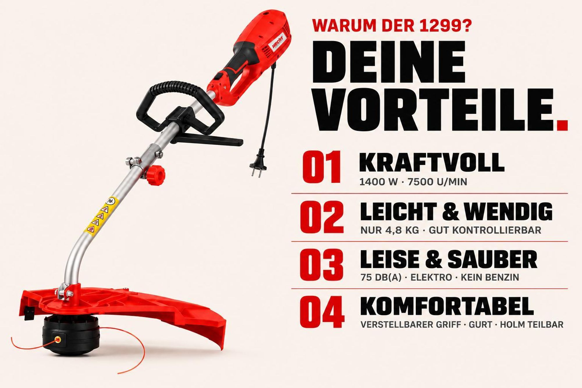 HECHT 1299 Freischneider Elektro | 38 cm Schnittkreis | mit Tragegurt | 1400 W / 230 V | 7500 U/min