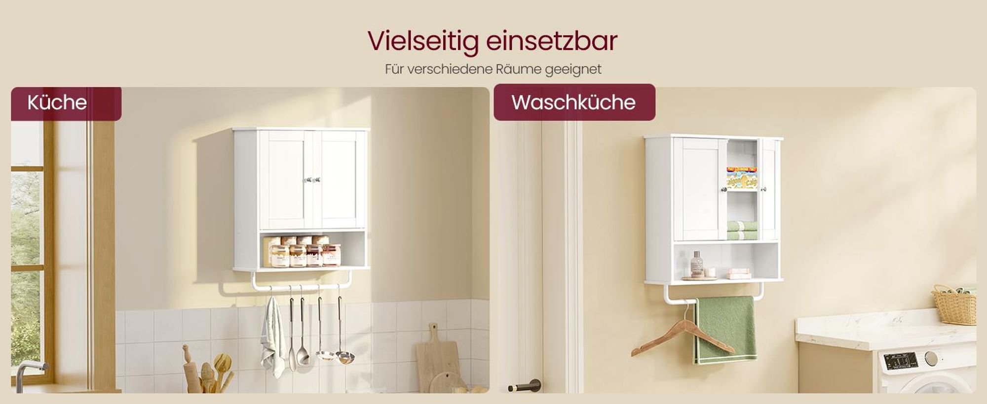VASAGLE Wandschrank mit Türen, Handtuchhalter und offenem Fach, Hängeschrank für Bad, verstellbare Ablage, Landhausstil, weiß