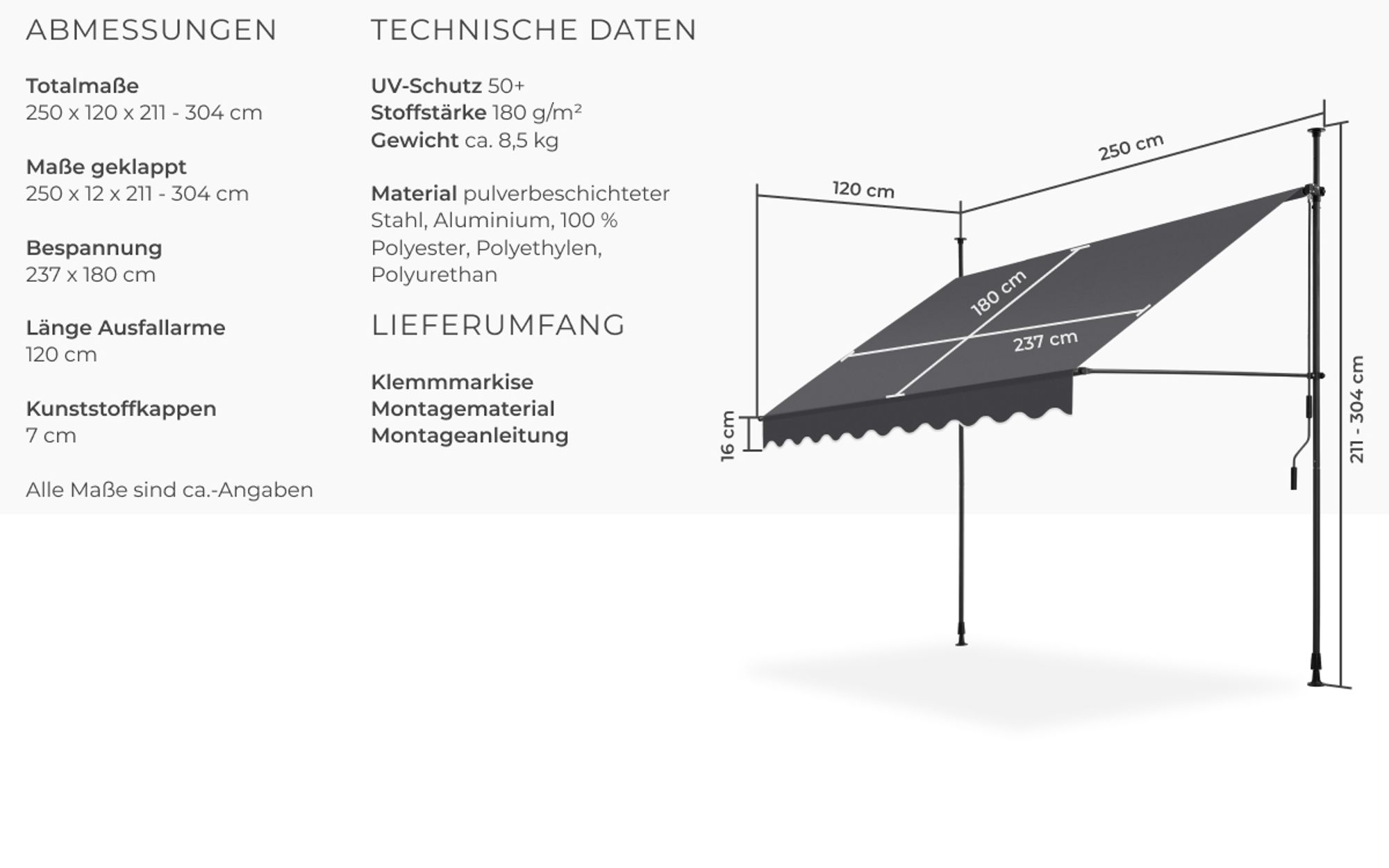 tectake® Klemmmarkise mit Handkurbel einfache Montage