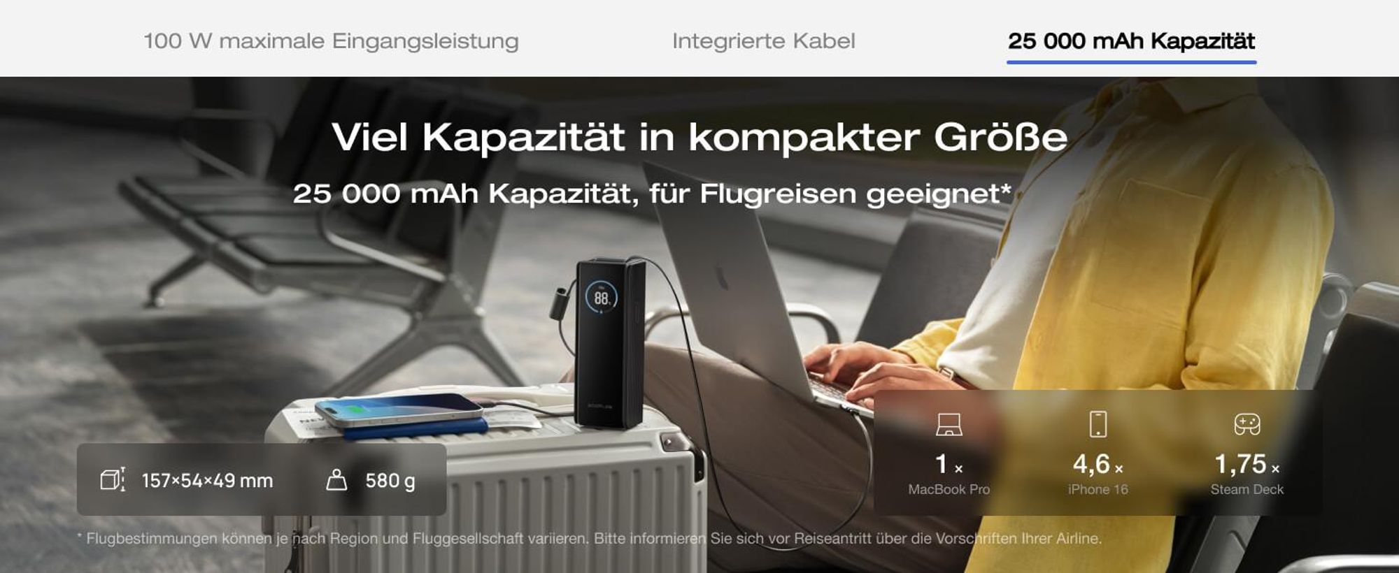 EcoFlow Rapid Powerbank 25 000 mAh 170 W mit 100 W integrierte und einziehbare Kabel, tragbares Ladegerät mit 100 W USB-C Anschluss
