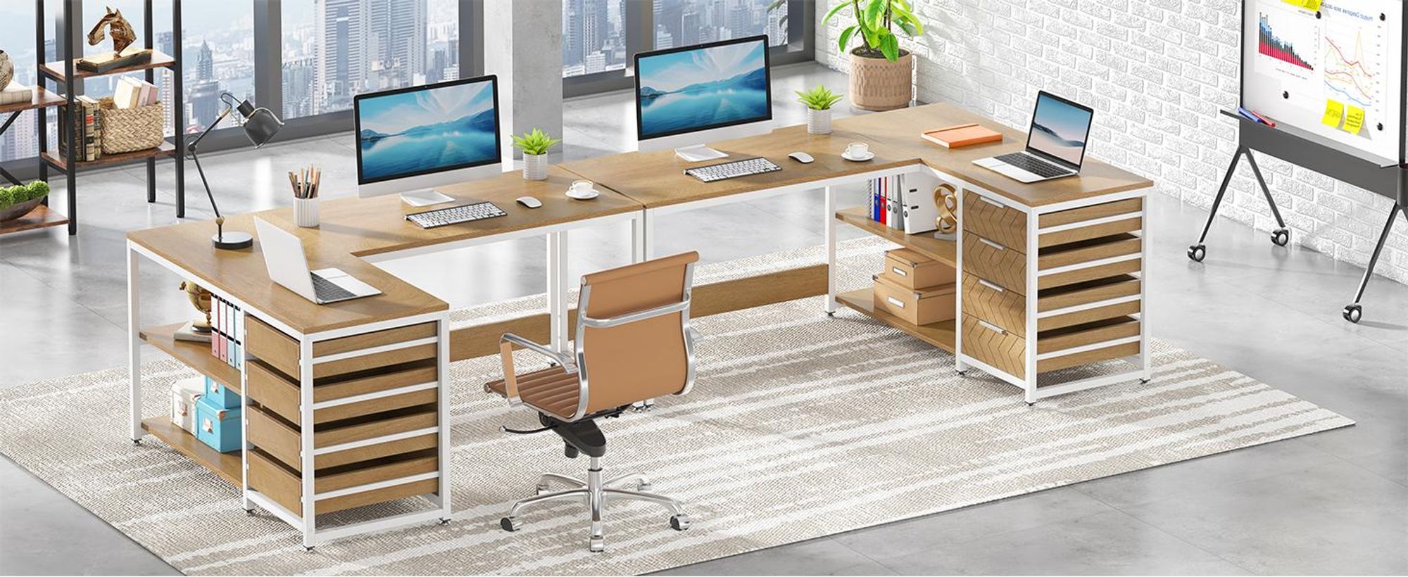 150 cm L-förmiger Schreibtisch, umkehrbarer Eckschreibtisch mit Schubladen und Regalen, Computertisch