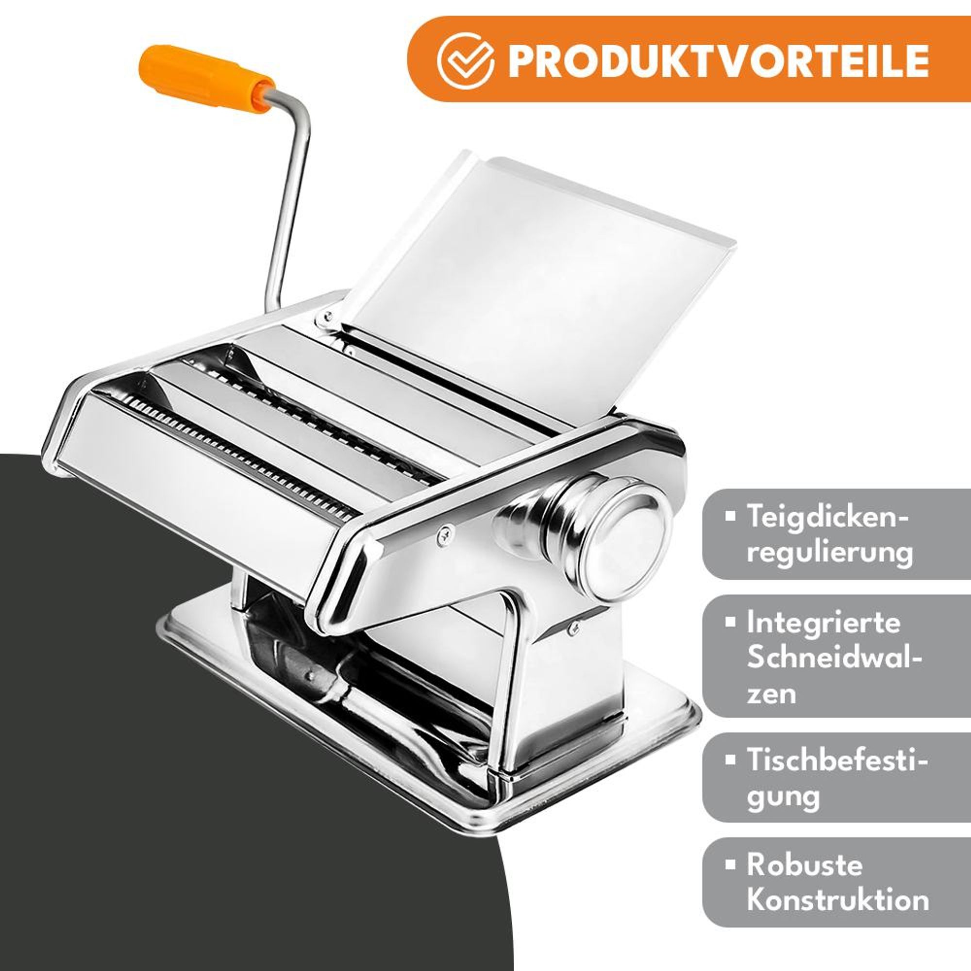 KRUMAD Nudelmaschine manuell 6 Teigdicken, 2 Walzenaufsätze für Spaghetti & Tagliatelle, Edelstahl, kompakt, inkl. Tischklemme & Zubehör, Silber