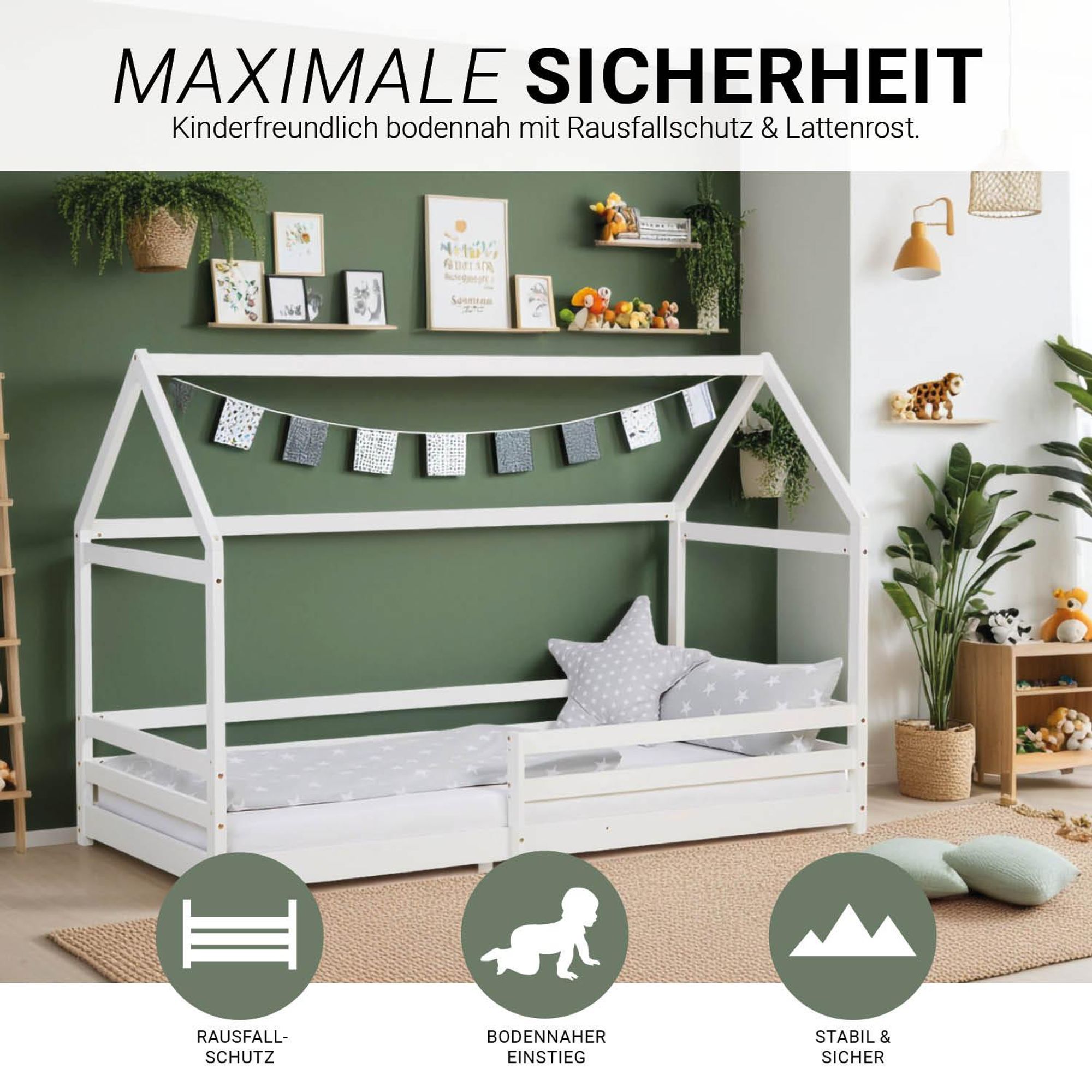 Niedliches Kinderbett mit Rausfallschutz und bodennaher Einstieg fürs Kind.