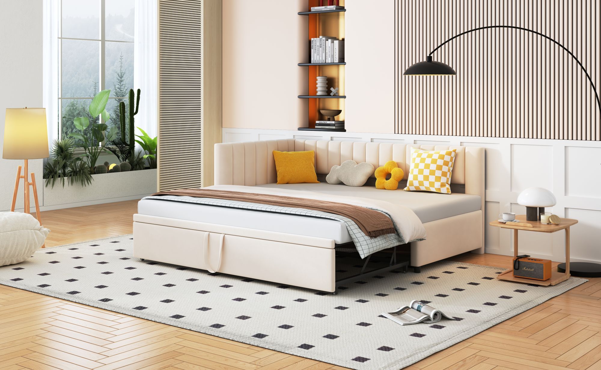 okwish Tagesbetten 90/180×200 mit Ausziehbett, Kinderbett platzsparendes Design, Schlafsofa in Beige,Ohne Matratze