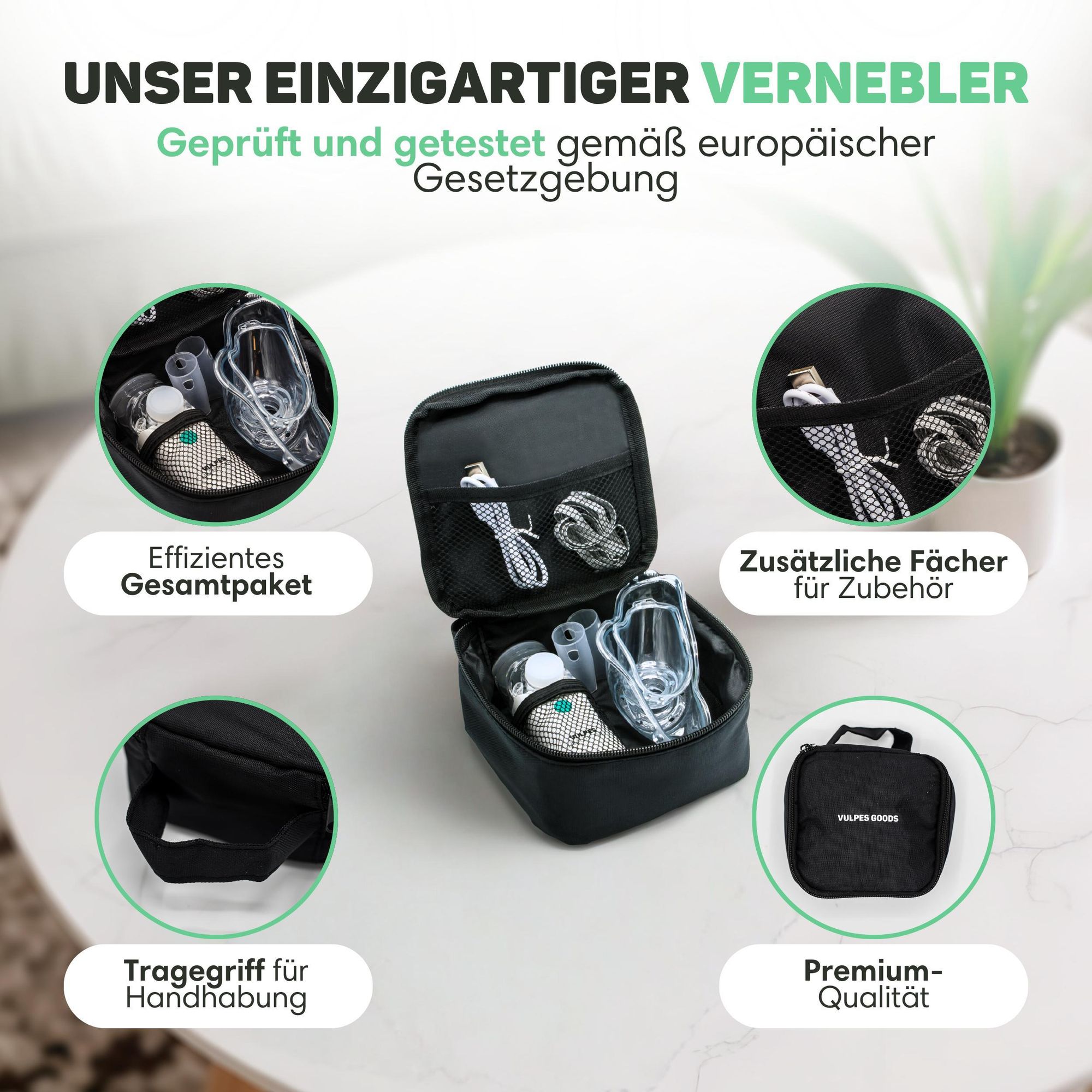 Vulpes Goods Tragbarer Inhalator-Vernebler, wiederaufladbarer leiser Vernebler, tragbare Mini-Inhalatoren, tragbarer Luftbefeuchter für Atemprobleme bei Kindern und Erwachsenen, Inkl. 3 Mundstücke und Reisetasche