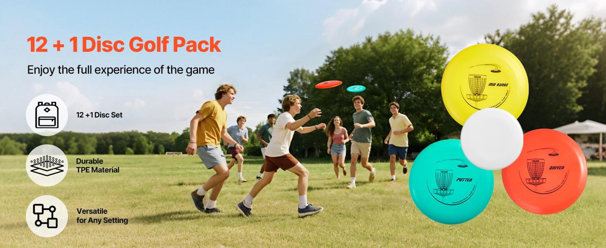 VEVOR Disc Golf Set, 6 PCS Fliegende Scheiben für Anfänger, Disc Golf Starter Set, mit Putter, Mid-Range, Driver, einschließlich Mini Marker, tragbarem Rucksack, für Outdoor, Garten, Rasen, Strand und Park, 12 Stück mit Tasche
