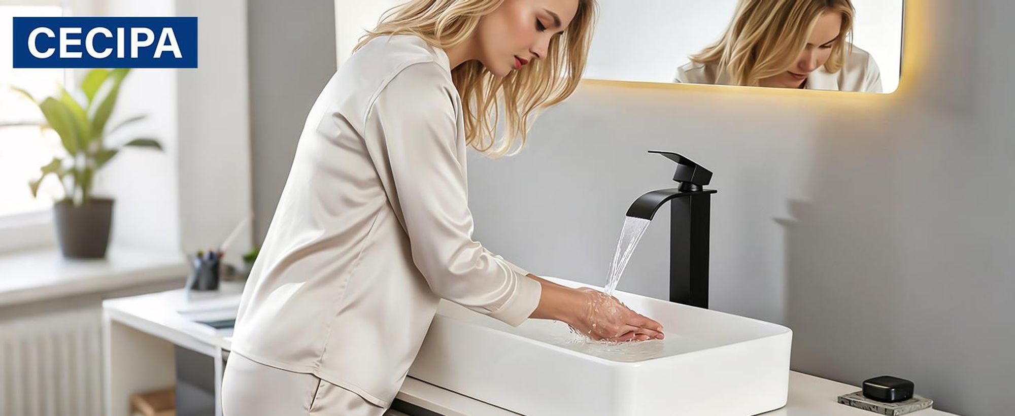 Cecipa Wasserfall Wasserhahn Bad Waschtischarmatur Matt Schwarz, hohe Waschbeckenarmatur für Aufsatzwaschbecken, Badarmatur Kalt Warm Mischbatterie L