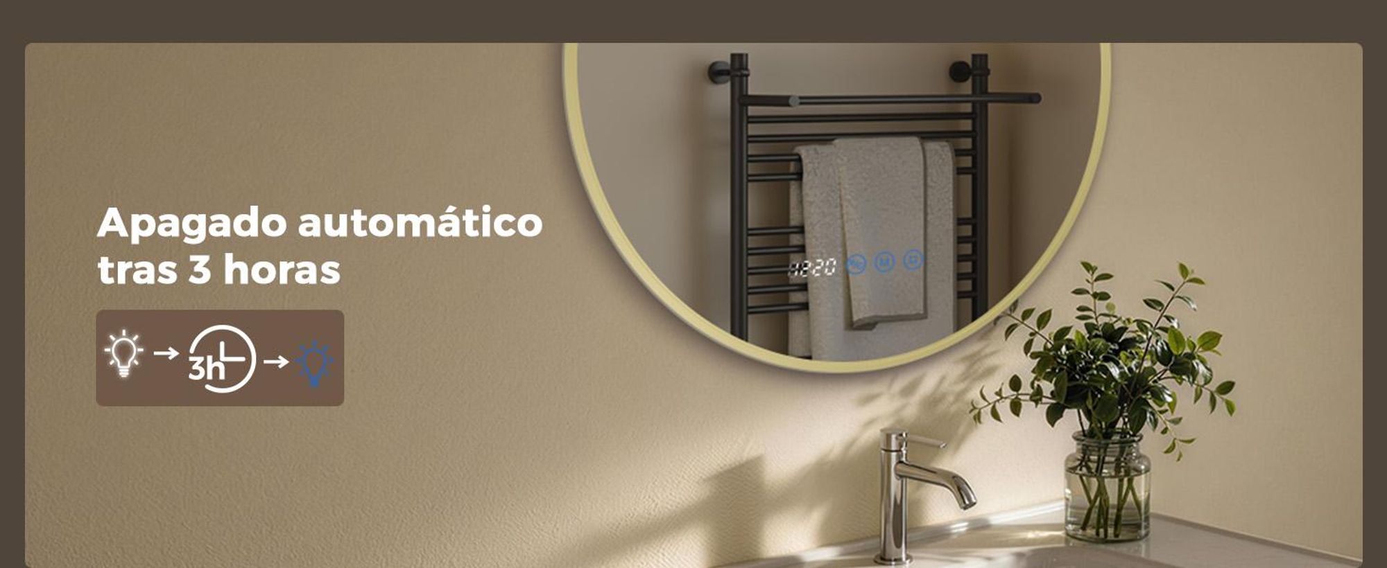 S'AFIELINA Espejo Baño LED Redondo 70 cm con Luz, Marco Dorado,Aleación de aluminio, 3 colores de luz, regulable, antivaho, reloj y temperatura