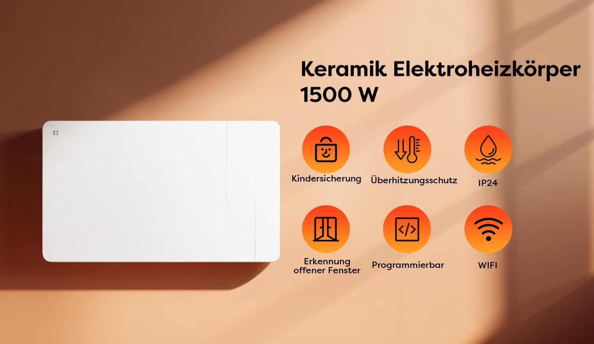 CIARRA Elektro-Heizkörper Heizgerät, Intelligenter Keramik-heizkörper mit WLAN steurung, Thermostat mit PID 10–20 m² 1500 W CBHTD15A-W