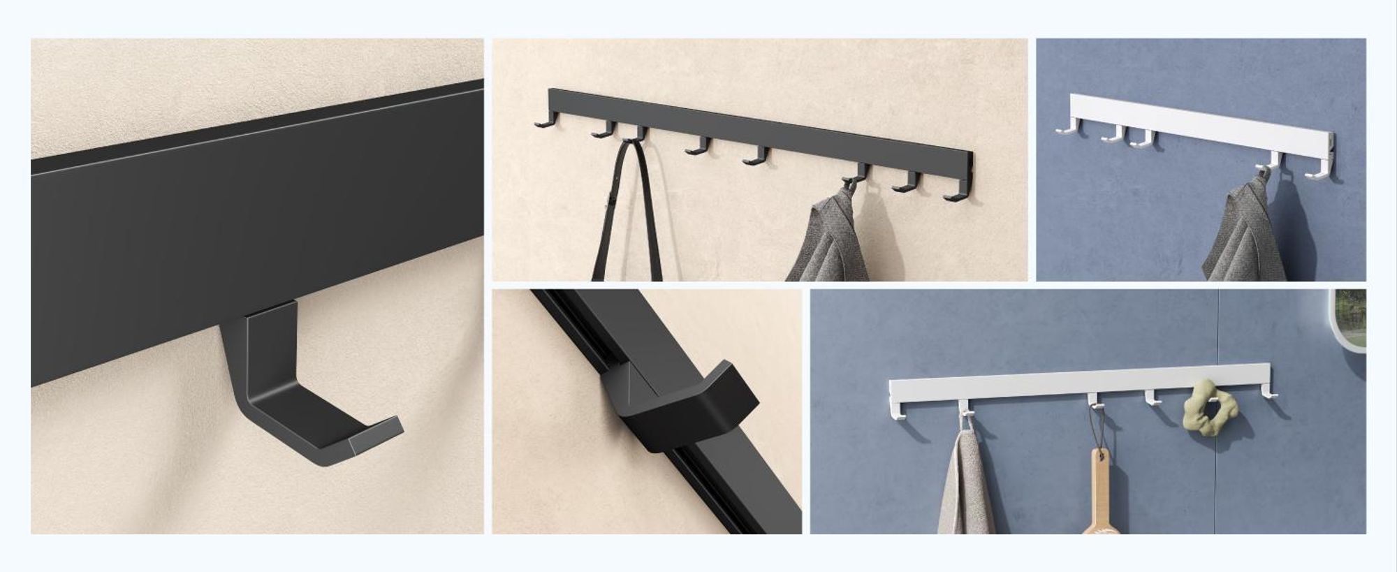 doporro Wandgarderobe aus Aluminium mit verschiebbaren Garderobenhaken, Garderobenleiste mit Kleiderhaken für Flur, Bad, 40 cm, Matt Schwarz, Stalo10
