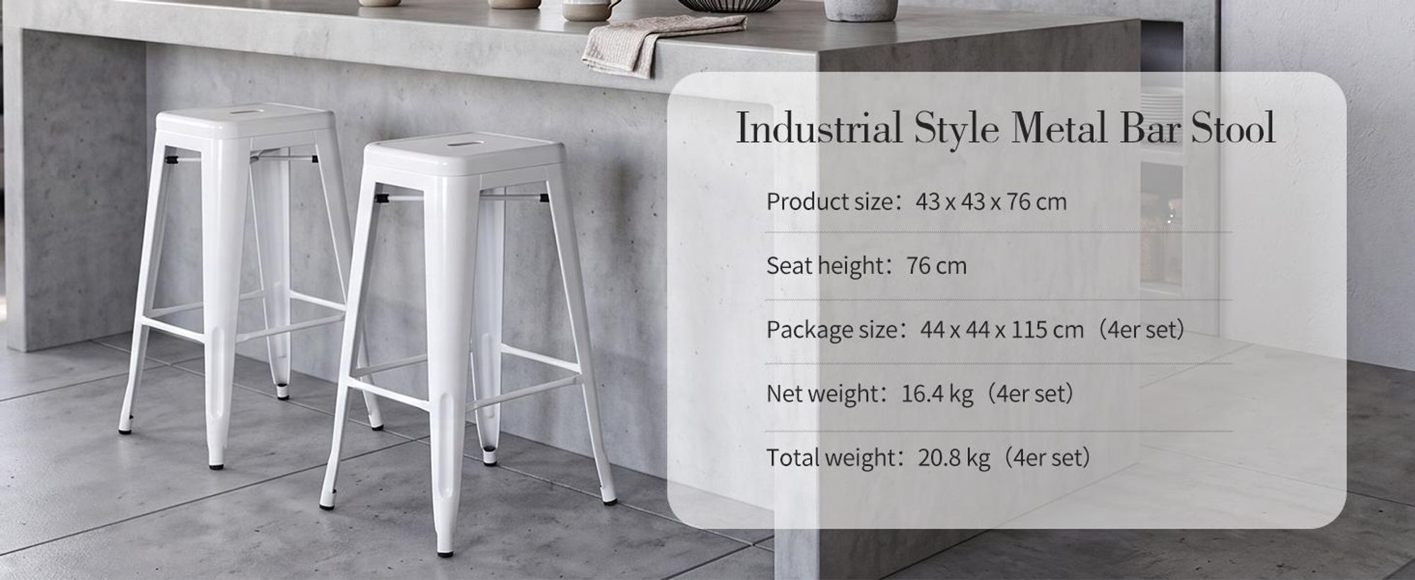 Barová stolička Duhome, výška sedadla 76 cm, stohovateľné kovové barové stoličky s podnožkou, barové stoličky v industriálnom dizajne, biele