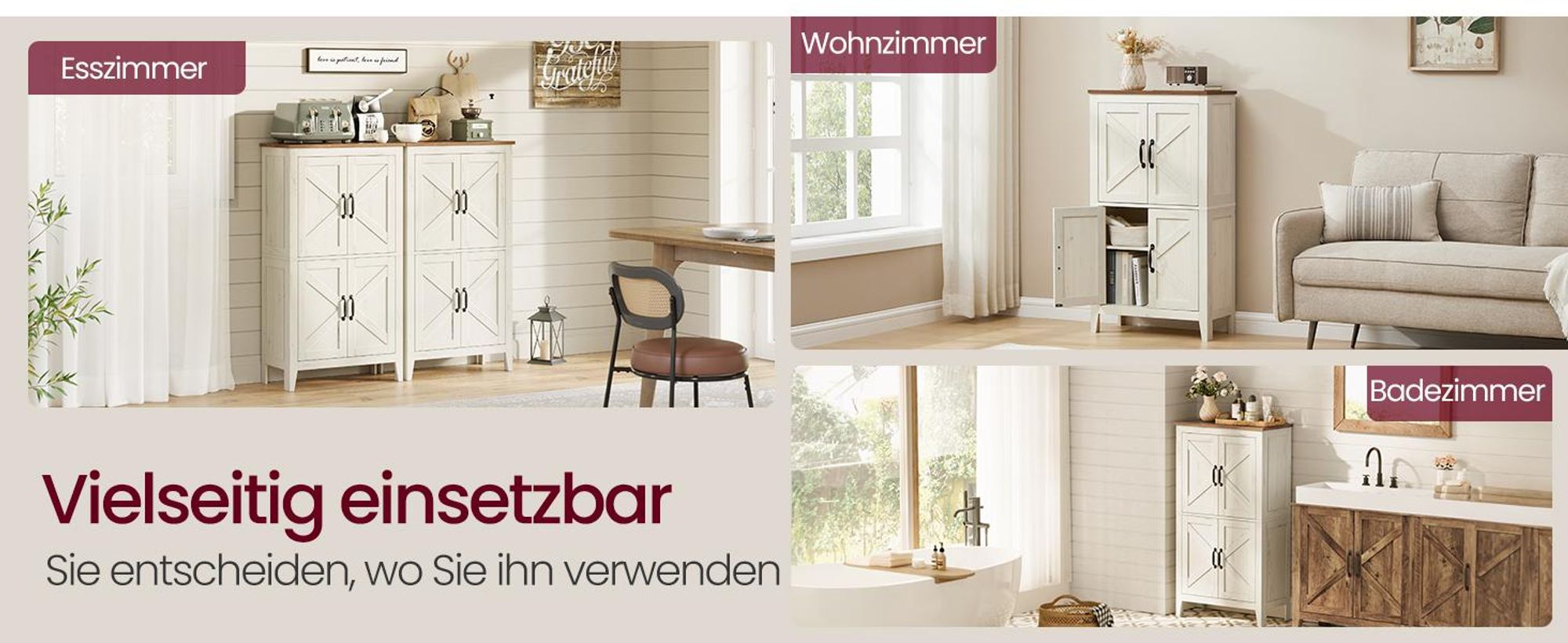 VASAGLE LIRY Kollektion - Aufbewahrungsschrank im Landhausstil, Badschrank mit Türen, freistehende Küchenschrank, verstellbare Ablagen