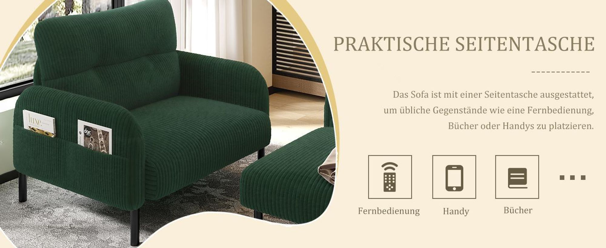LVHOM Cord 3er-Set 2-Sitzer+Sessel+Hocker, Flexibel für Wohnzimmer Ecksofa mit Seitentaschen, Sitzgruppe Grau