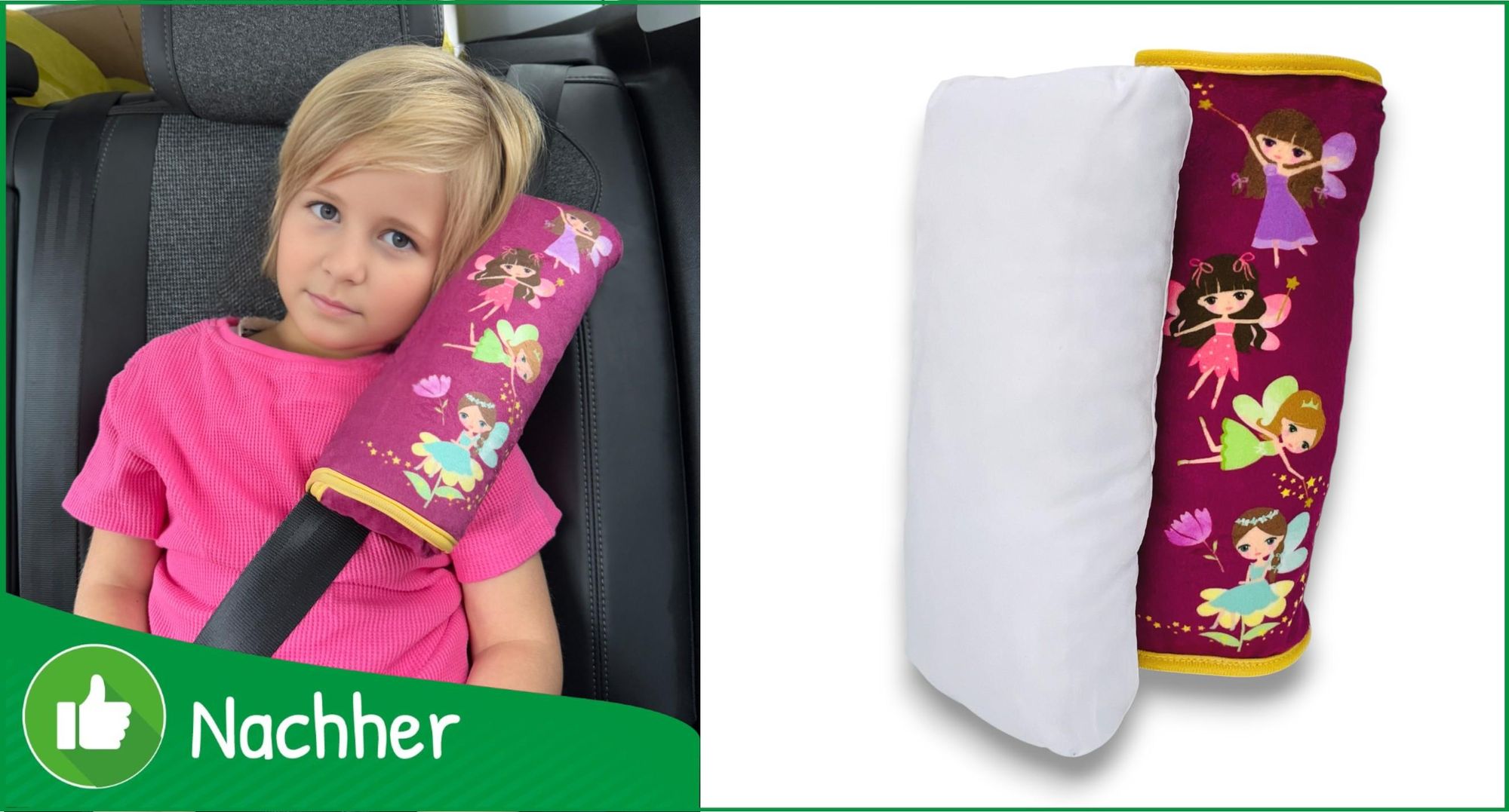 HECKBO® Fee Auto Schlafkissen für Kinder - maschinenwaschbar – kuschelweich hochwertiges Auto Gurtkissen, Gurtschoner, Gurtkissen, Gurtschutz, Auto Kissen, Reisekissen, Urlaub - 30cm x 12cm
