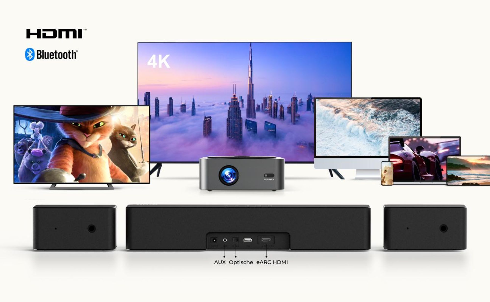 ULTIMEA 5.1 Soundbar met Dolby Atmos, 3D-omgevingsgeluidssysteem met subwoofer, 2 achterluidsprekers, Soundbar met Bluetooth 5.3 en instelbare bas